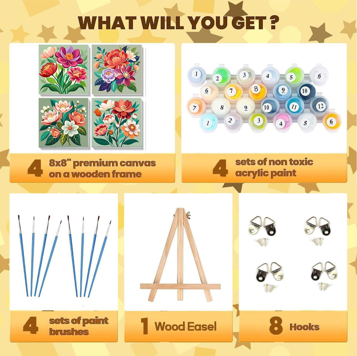 Sretoul Flowers Paint by Numbers Kit for Adults Framed 4 Pack- Flowers Paint by Numbers Kits on Canvas with Frame for Home Decor 8X8 Inch