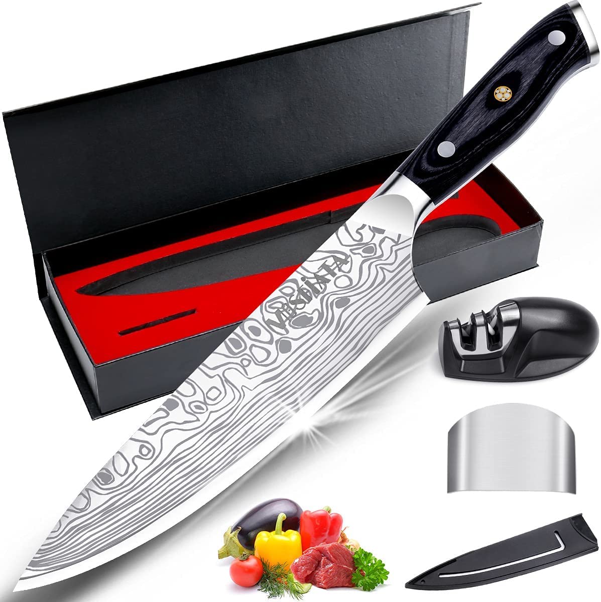 MOSFiATA 8" Super Sharp Professional Chef's Knife with Finger Guard and Knife Sharpener, German High Carbon Stainless Steel EN1.4116 with Micarta Handle and Gift Box