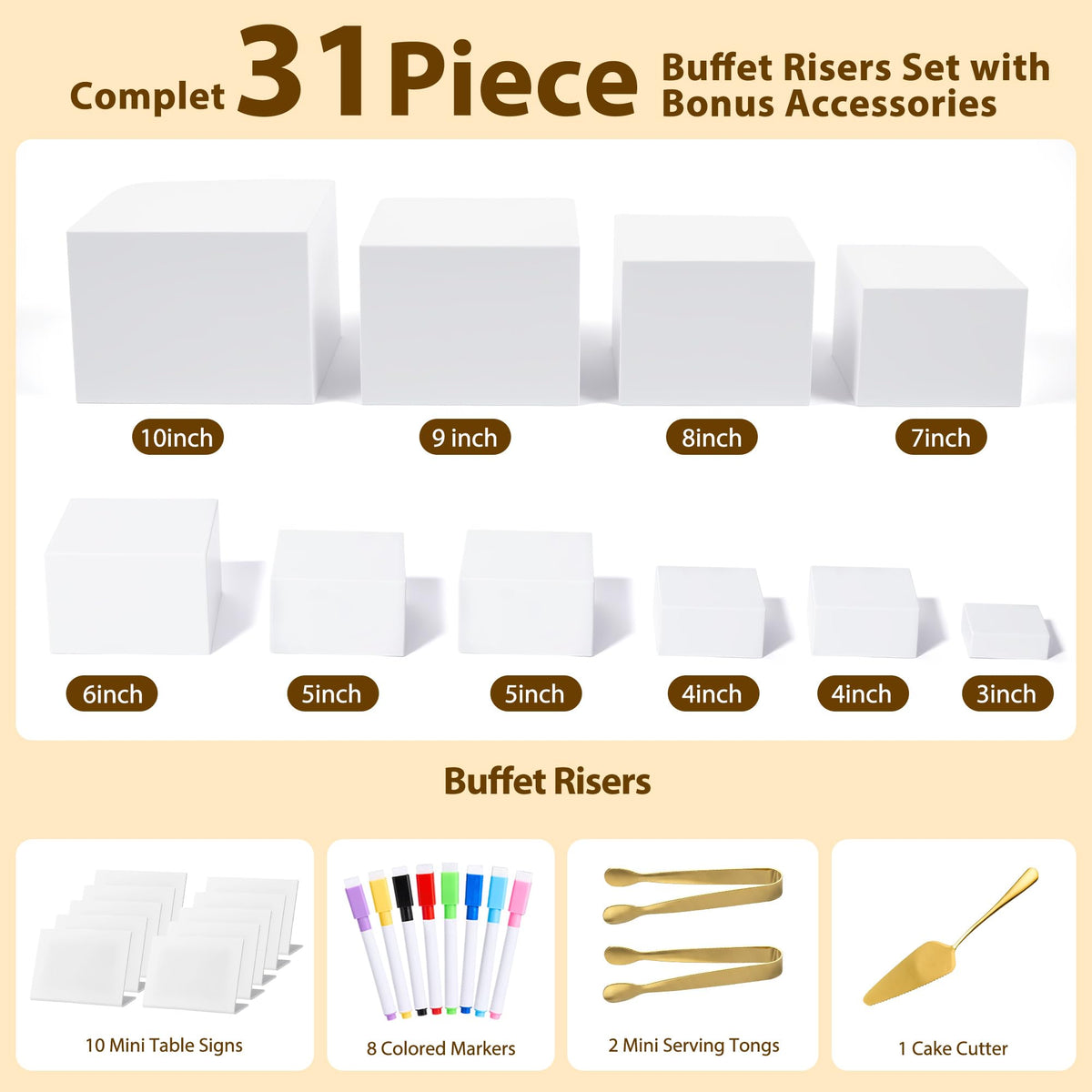 10 Pcs Buffet Risers with Mini Sign and Maker Serving Tongs Cake Cutter, White Acrylic Food Display Stands for Buffet Table Party Catering Dessert Nesting Cube Boxes with Hollow Bottoms (10",9",8",7",6",5",5",4",4",3")
