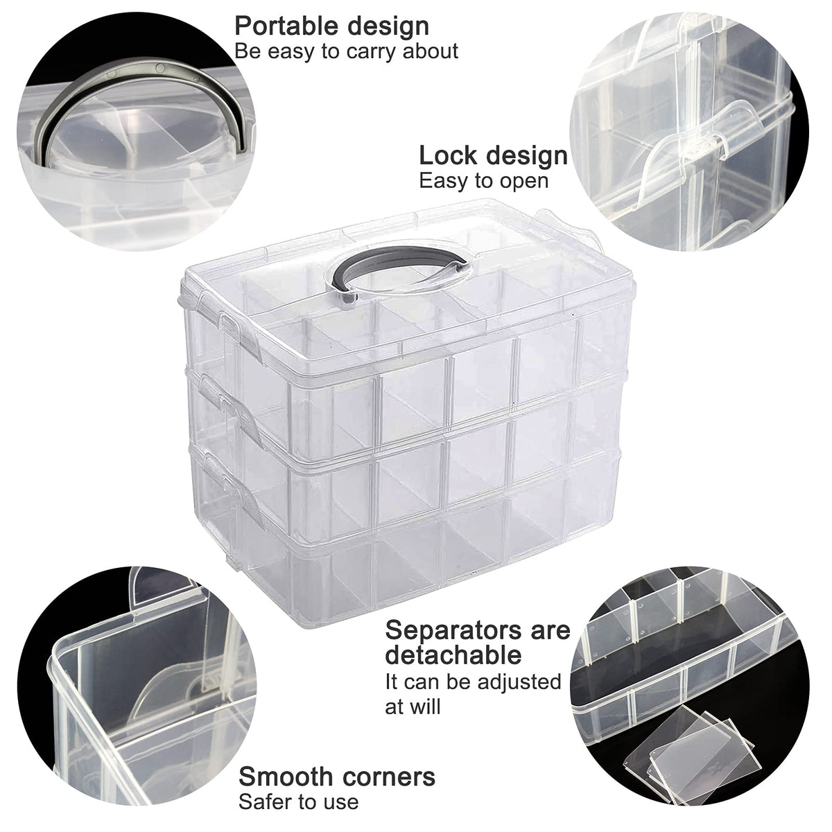 Guyuyii 3-Tier Stackable Bead Organizer with Adjustable Compartments and Carry Handle - BPA-Free Craft Storage Case with Lid for Sewing Supplies, Jewelry, Washi Tape, Embroidery Floss, Lego Pieces