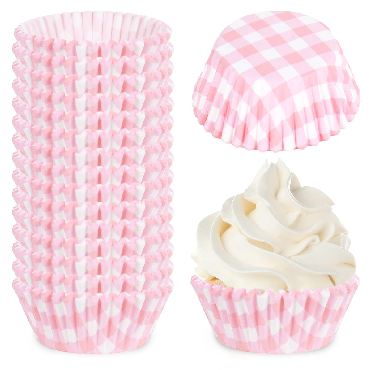 Whaline 300 Pcs Pink Plaid Cupcake Liner Paper Pink Checkered Muffin Liner Baking Cups 2 x 1.2 Inch Cute Cupcake Wrappers for Baby Bridal Shower Wedding Birthday Party Supplies