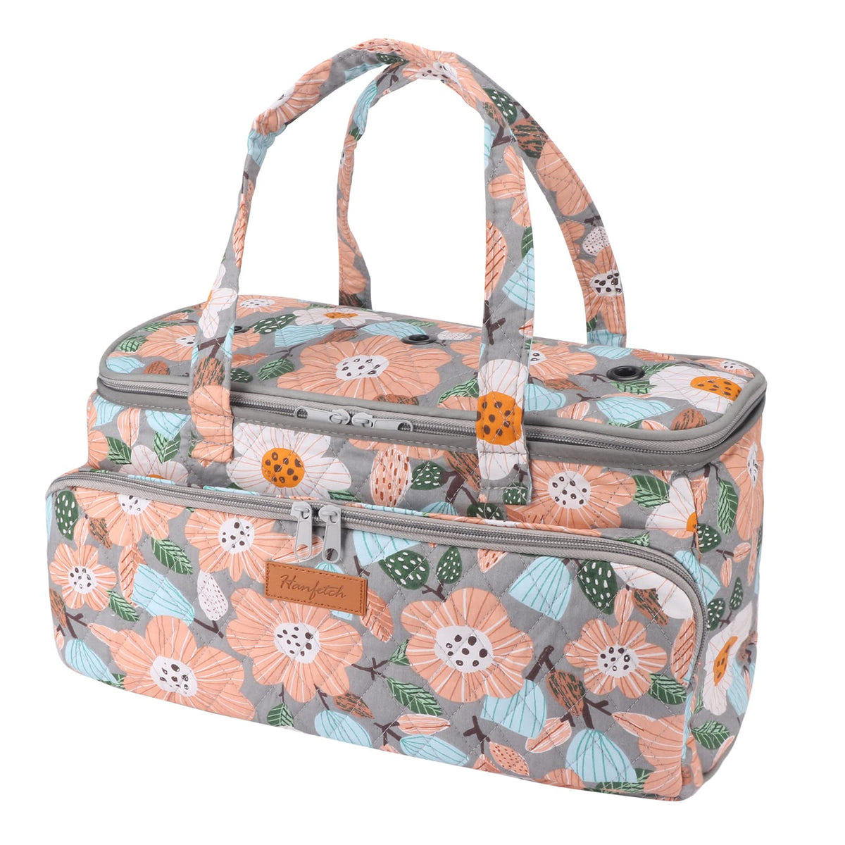 Hanfetch Yarn Bag-Large Size-Yarn Storage Organizer with Grommets-Portable Crochet Bag for Yarn Skeins-Crochet Hooks-Knitting Needles -Other Accessories (Flower-Grey)