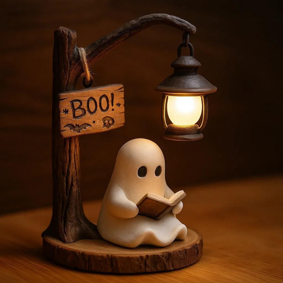 BHOOKA Halloween Ghost Figurine Statue Cute Ghost Reading Book Lamp Designs 3D Unique Night Light Gifts Tabletop Ornament Decoration Cartoon Resin Sculpture for Holiday Decor Supplies