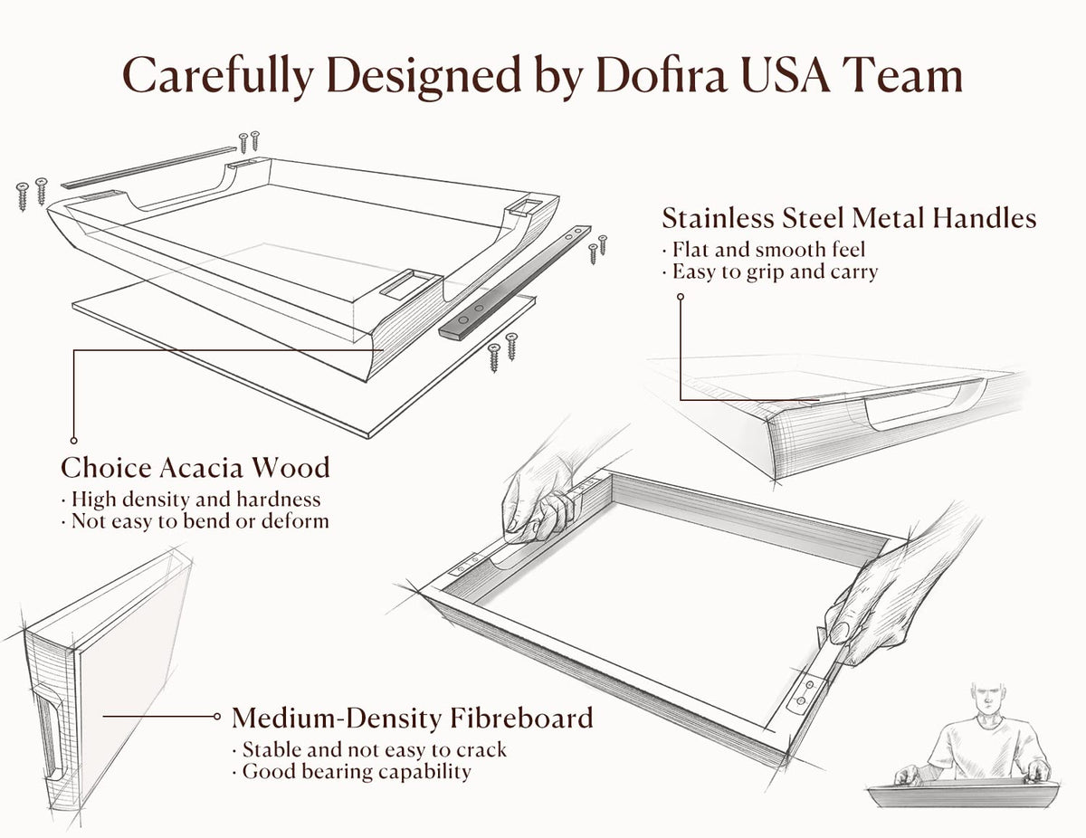 Dofira Acacia Wood Serving Tray with Metal Handles, 17x13in Food Drinks Tray for Coffee Table, Breakfast, Dinner & Bar, Rustic Decorative Storage Tray for Ottoman, Kitchen, Elegent Gift for Father