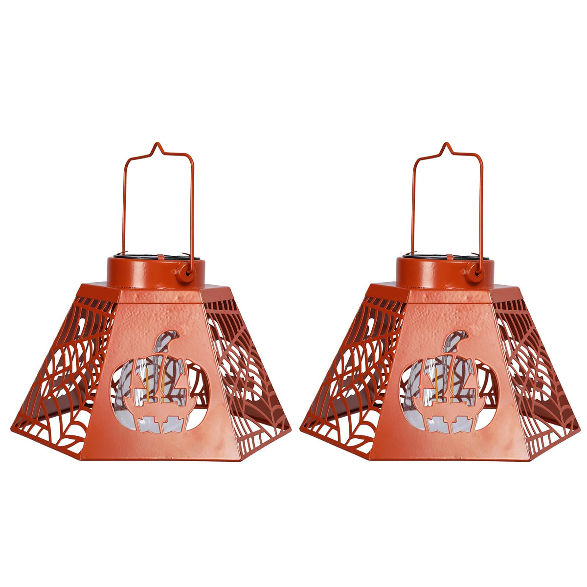 WONDER GARDEN Halloween Lantern Lights, 2 Pack Solar Hanging Pumpkin Lights, Metal Decorative Light for Outdoor Porch Yard Garden Tree Decor