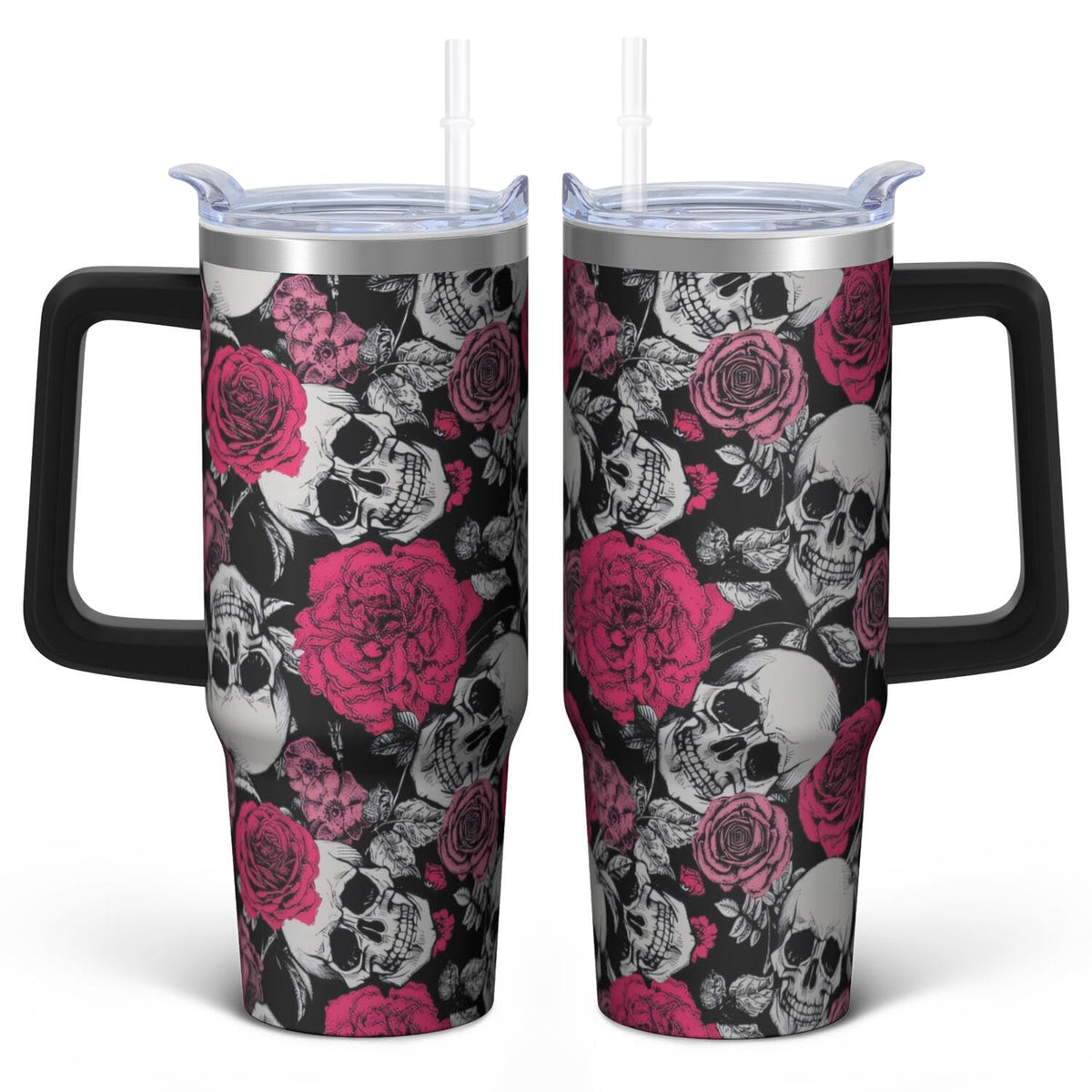 Kearscupra 30oz Skull Tumbler with Handle and Straw,Skeleton Gothic Floral Stainless Steel Insulated Cup with Lid and Straw,Travel Coffee Mug Water Bottle,Halloween Birthday Gifts for Women Men