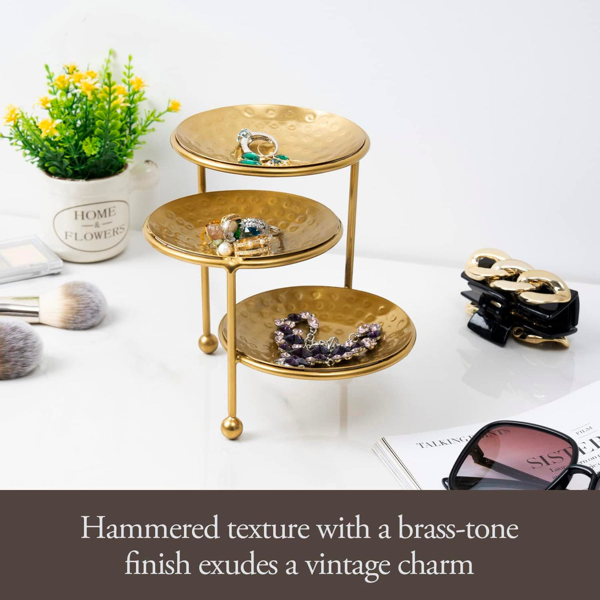 MyGift 3 Tier Jewelry Dish Organizer - Hammered Brass Plated Metal Ring Tray, Decorative Earring, Necklace, Bracelet Storage Display Tower - Handcrafted in India