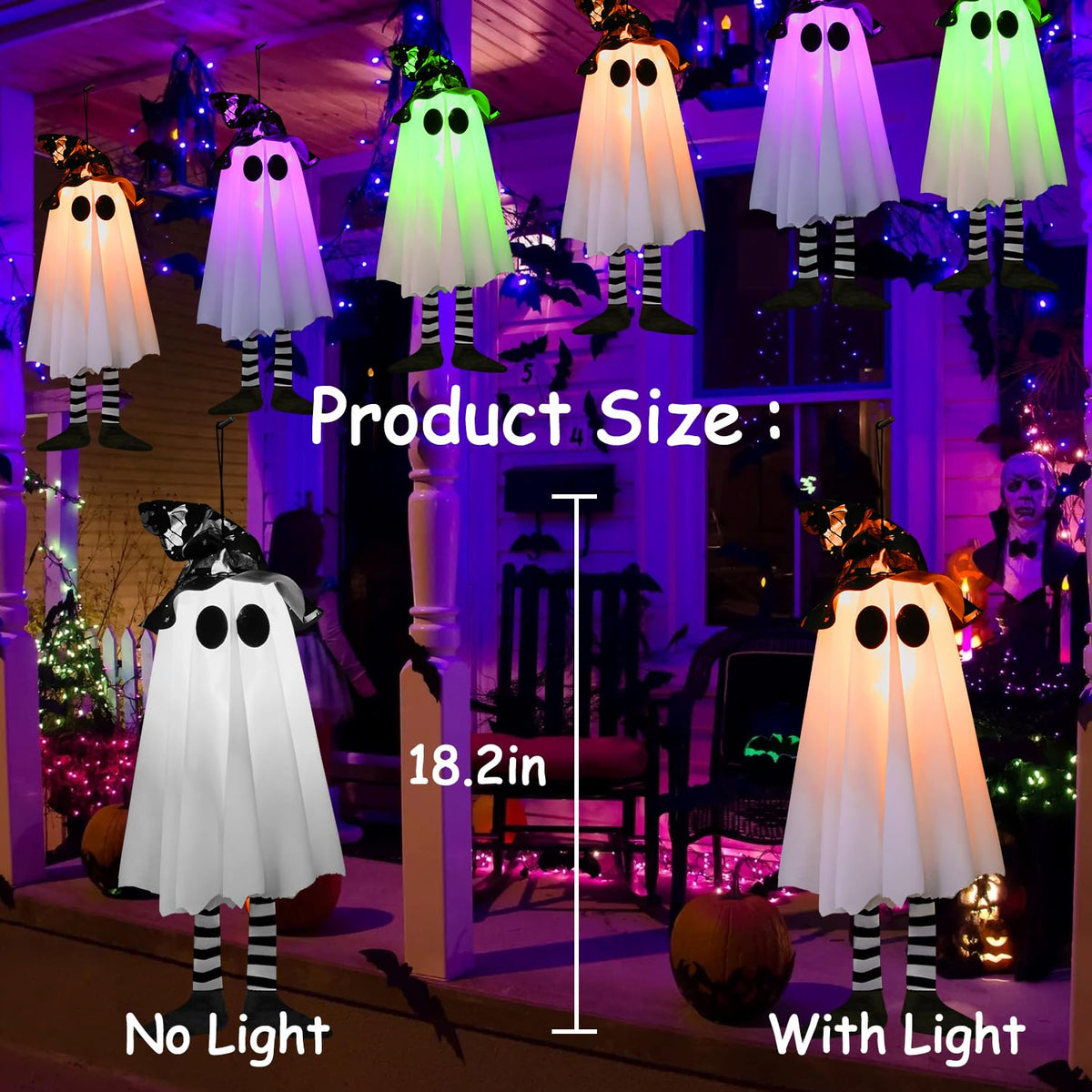 3 Pack Halloween Hanging Ghosts Halloween Decorations Outdoor, Lighted Glowing Ghost Witch Hat with Orange Purple Green Lights, Ghost Scary Outside Decor for Party Home Yard Tree Garden