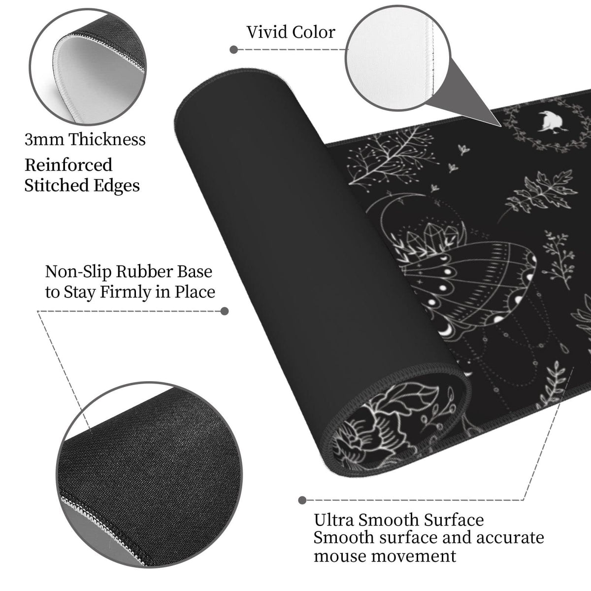 Moth Gaming Mouse Pad XL Halloween Elements Large Extended Non Slip Rubber Base Desk Mat Stitched Edge Keyboard Mat 31.5x11.8 Inch