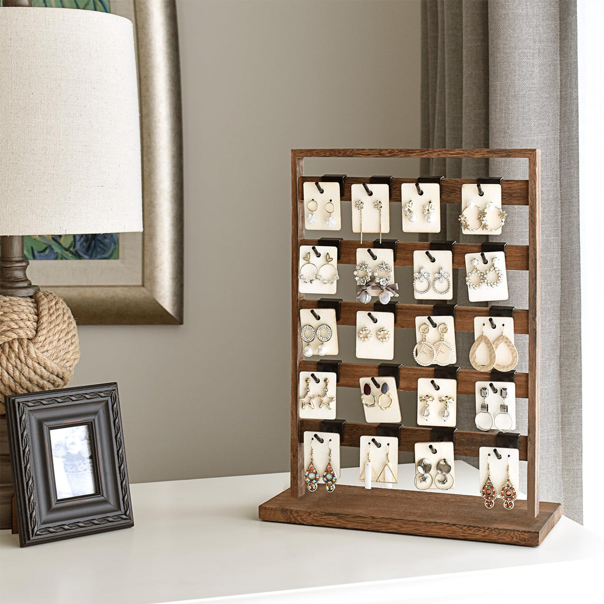 Ikee Design 5 Tiers Free Assemble Wooden Jewelry Display Rack with 20 Removable Metal Hooks,Earring Card Display Stand,Jewelry Organizer,Bracelet Organizer,Keychain Display Stand,Brown Color
