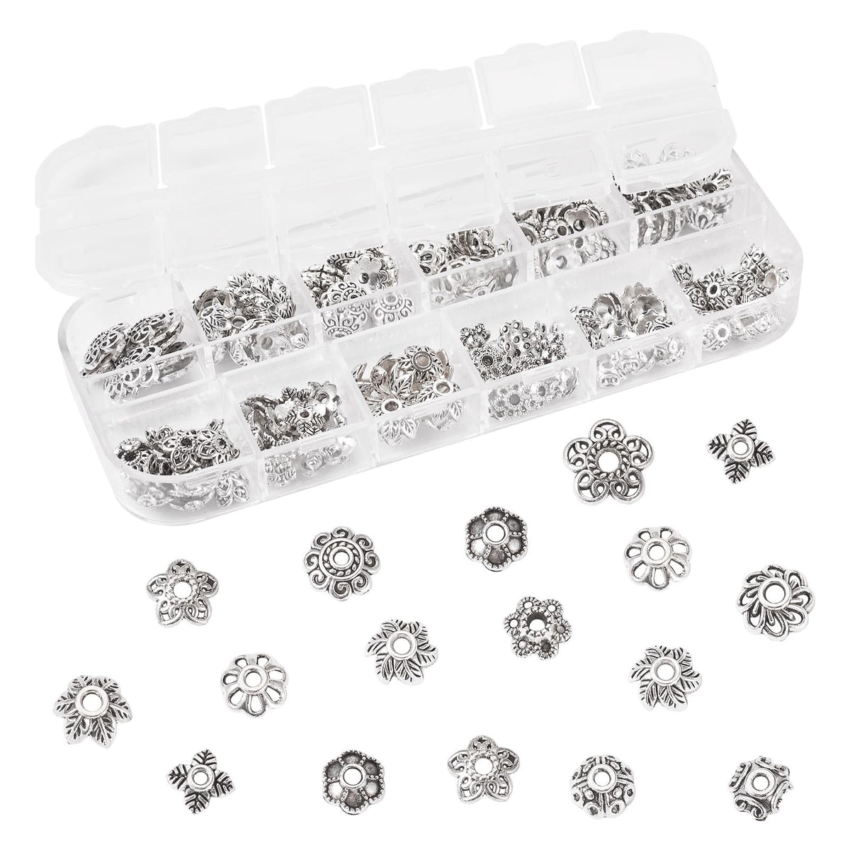 Craftdady 230pcs Antique Silver Bead Caps Tibetan Alloy Flower Bead Caps Metal Multi Petal Spacer Beads Vintage End Caps Beads 6.9 mm-10 mm for DIY Craft Earring Bracelet Jewelry Making