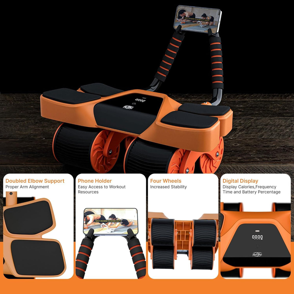 2026 New 4-Wheel Abdominal Roller with Elbow Support : Latest Upgraded High-Performance Exercise Machine With Automatic Rebound, Multi- layered Anti-Slip Design with Built-in Workout Tracker (Orange + 3 Bands + 1 Strap)