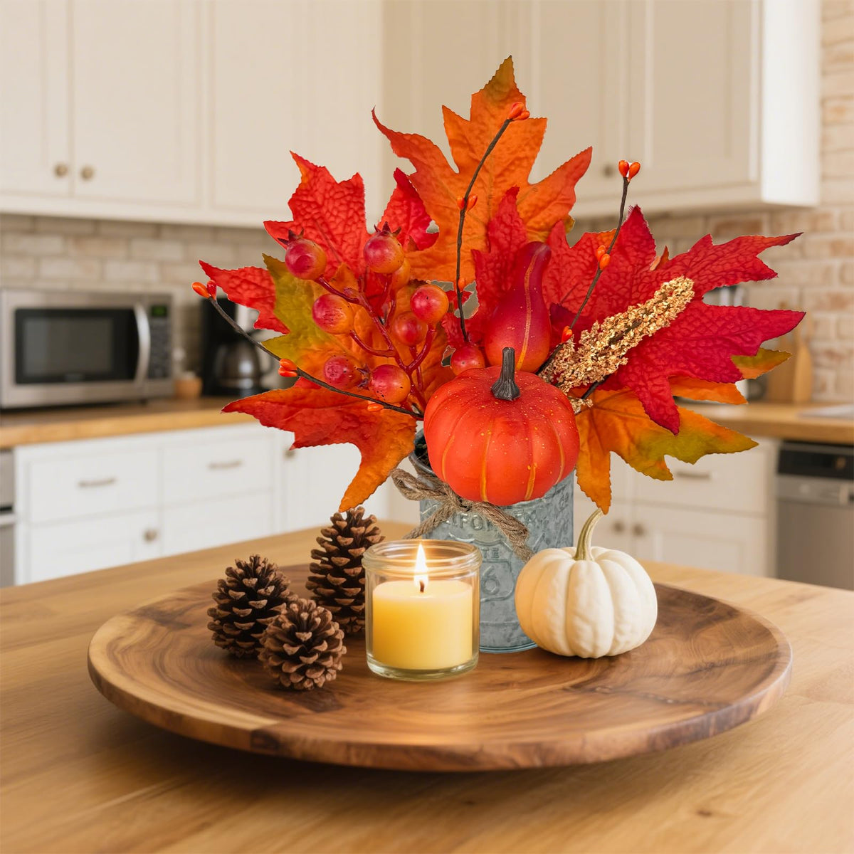 2 Pack 12" Fall Decorations for Home Fall Table Centerpieces Fall Arrangements Maples Leave Pumpkin Berried Wheat Realistic Moss in Metal Pots Thanksgiving Decorations for Home Kitchen Table Farmhouse