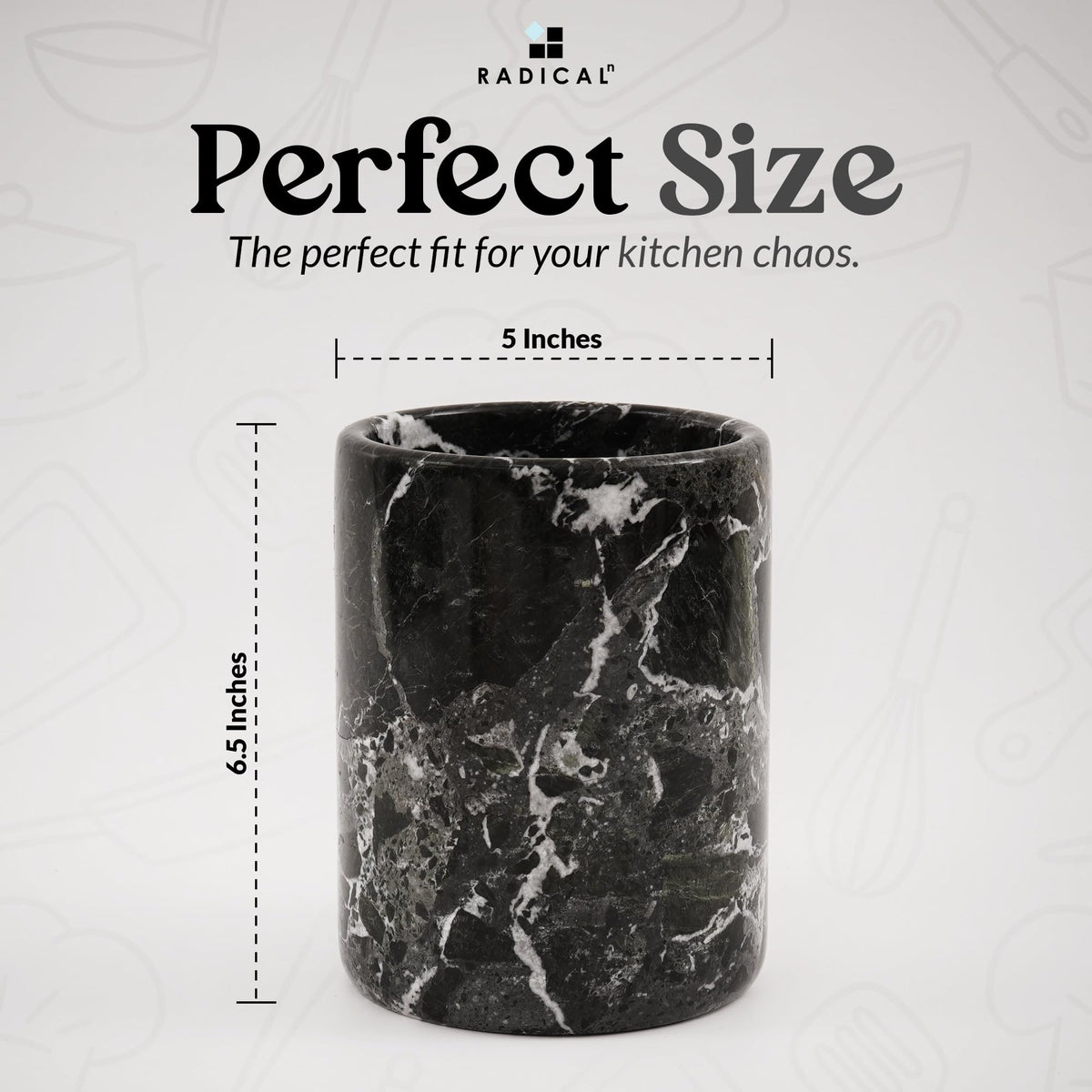 Radicaln Marble Utensil Holder 6.5" Inches Black Handmade Spatula Set for Kitchen Counter, Cooking Utensils Jar & Kitchen Essentials Organizer, Ideal Utensil Caddy & Spoons Holder