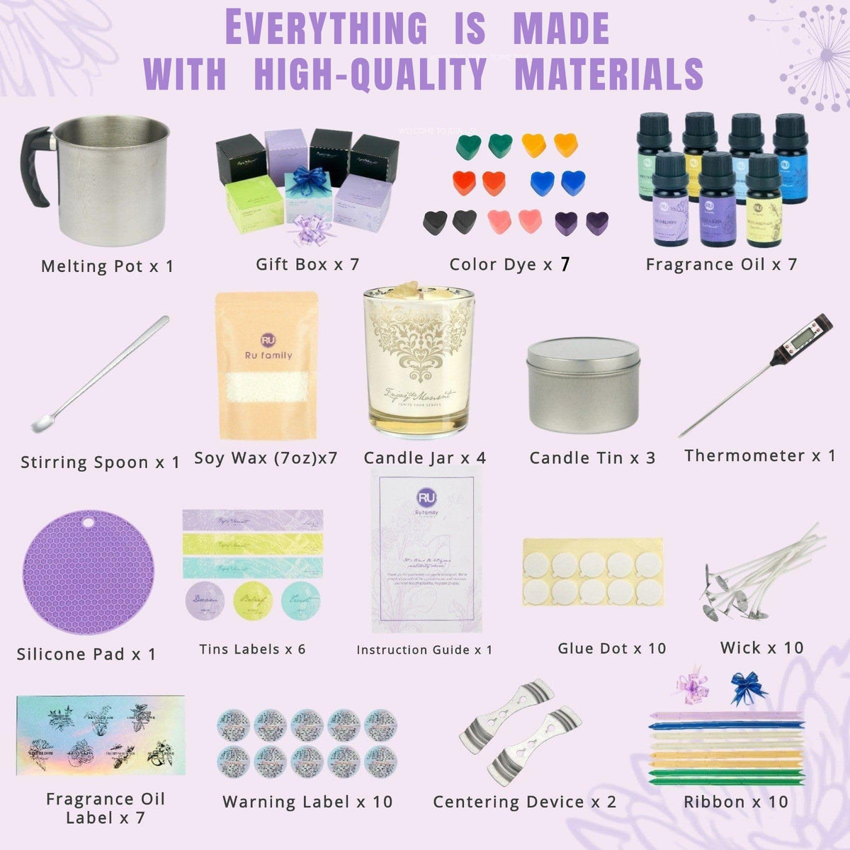 RU HANDMADE DIY Candle Making Kit for Adults – Soy Wax Candle Kit for Beginners, Make 7 Full-Size Candles with 7 Gift Boxes, 1120g Wax, 7×10ml Fragrance Oils, 4 Glass 7oz Jars & 3 Tins