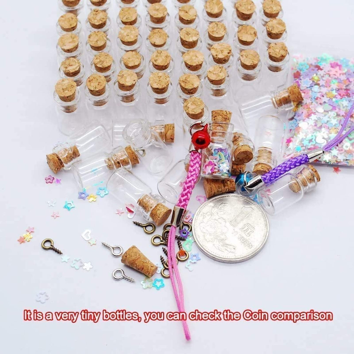 Minsily 100 Pcs 0.5ml Mini Small Glass Bottles with Cork Stoppers 20 Meters Twines Tiny Jars Clear Mini Glass Vials with Eye Screws Corked Bottle DIY Arts Crafts Projects Decoration Party Favors Gifts