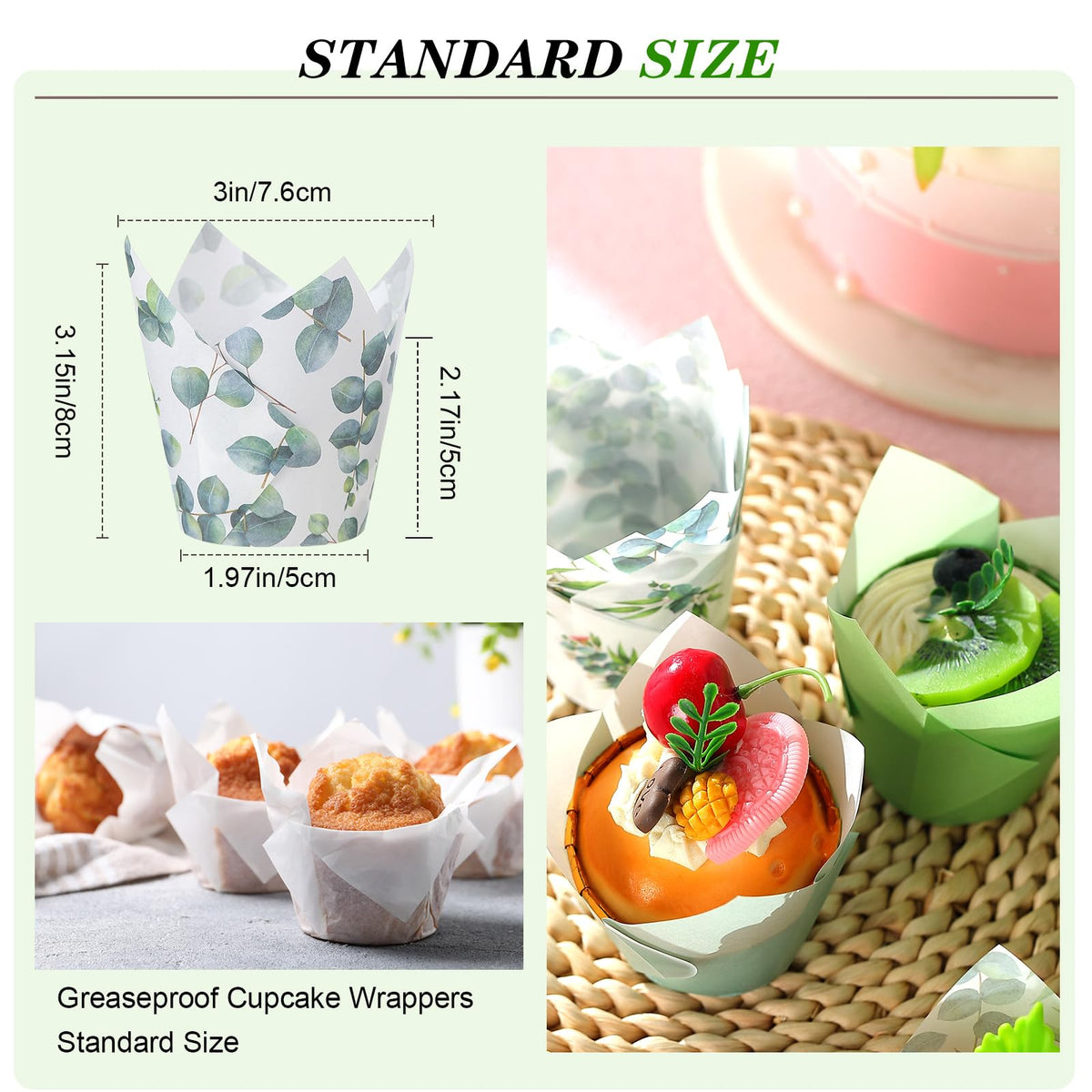 Havawish 500 Counts Green Tulip Cupcake Liners Birthday Party Eucalyptus Muffin Cupcake Baking Liners Grease Proof Cake Liner Holders for Wedding Birthday Party