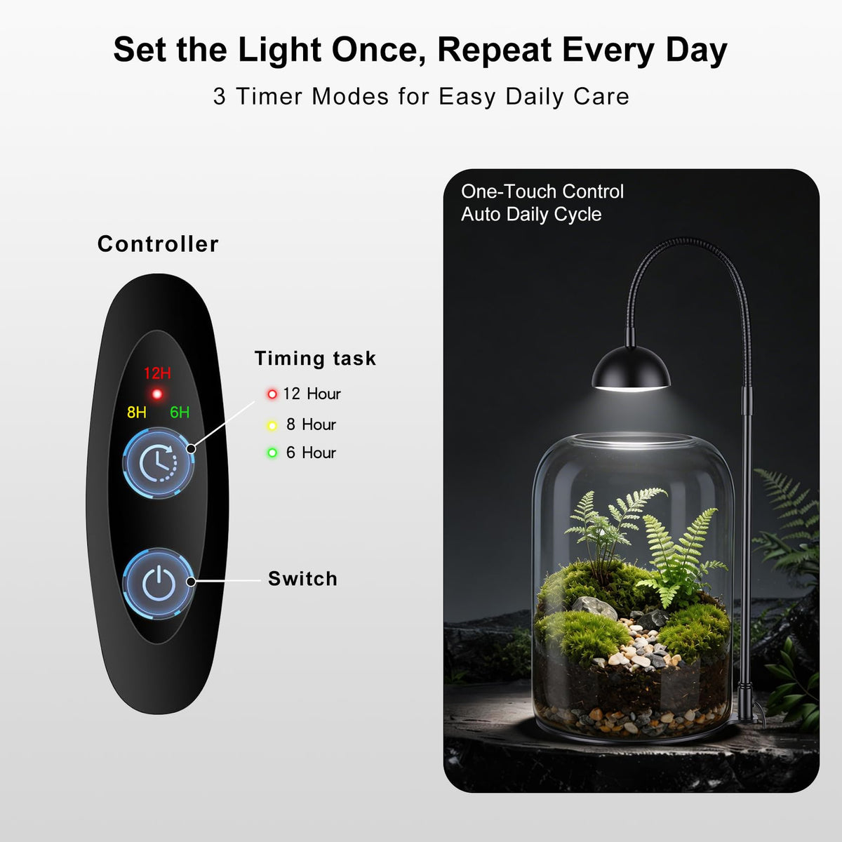 Xyingshine Glass Plant Terrarium with LED Grow Light & Adjustable Ventilation, 8.2" Desktop Terrarium for Venus Fly Trap, Moss & Succulents, Borosilicate Indoor Planter for Home Office Decor
