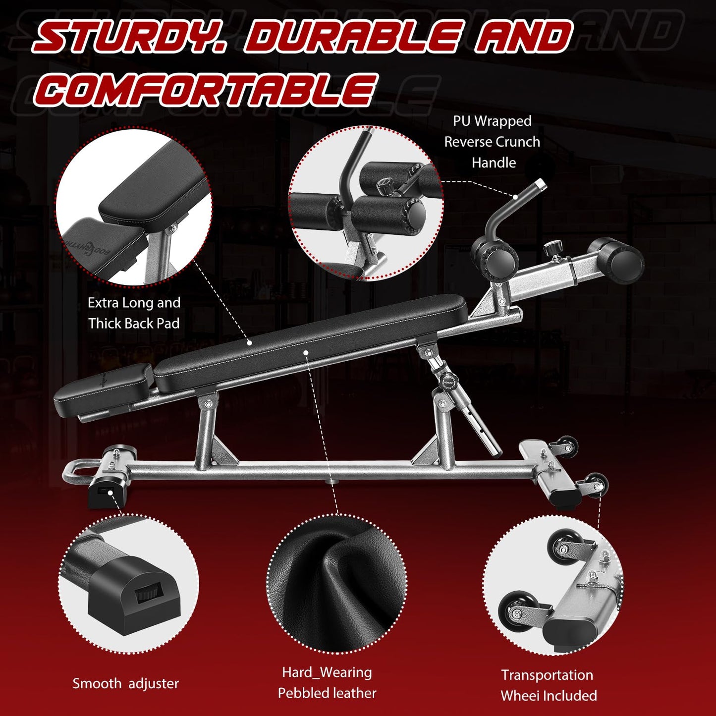 BODY RHYTHM Professional Sit-Up Bench with 4 Adjustable Heights and Reverse Crunch Handle, Adjustable Weight Bench and Flat, Incline & Decline Bench Press, Great Strength Training Slant Bench and Ab &