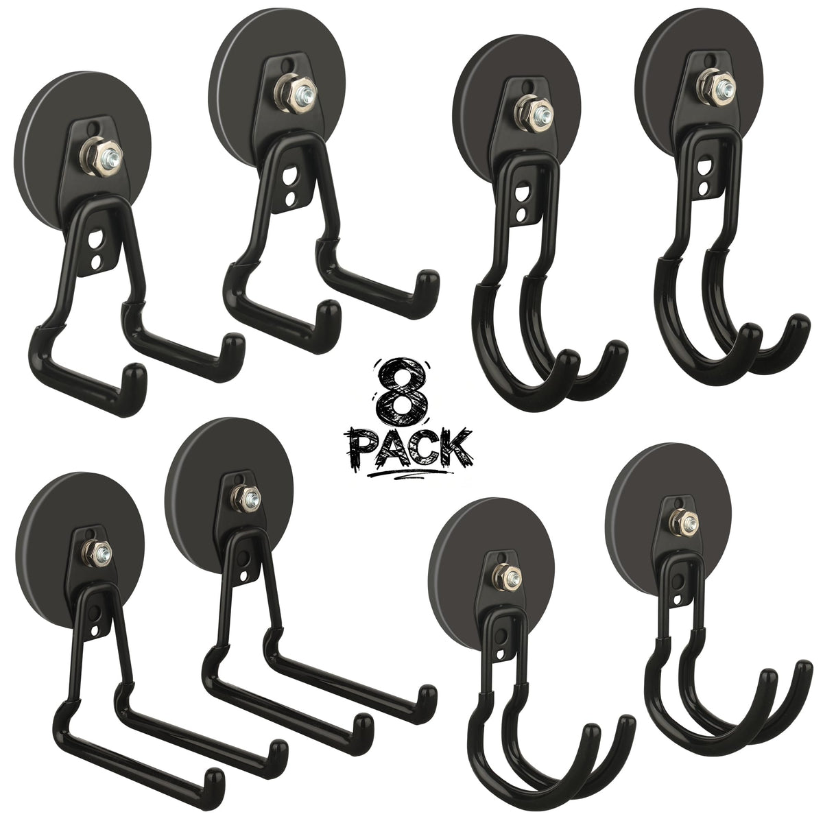ULIBERMAGNET Heavy Duty Magnetic Garage Hooks,8 Pack Strong Large Magnet Hooks for Power Drill,Garden Tools,Hose,Pegboard,Garage, Workshop,Magnetic Storage Hooks for Indoor Outdoor Hanging(Black)