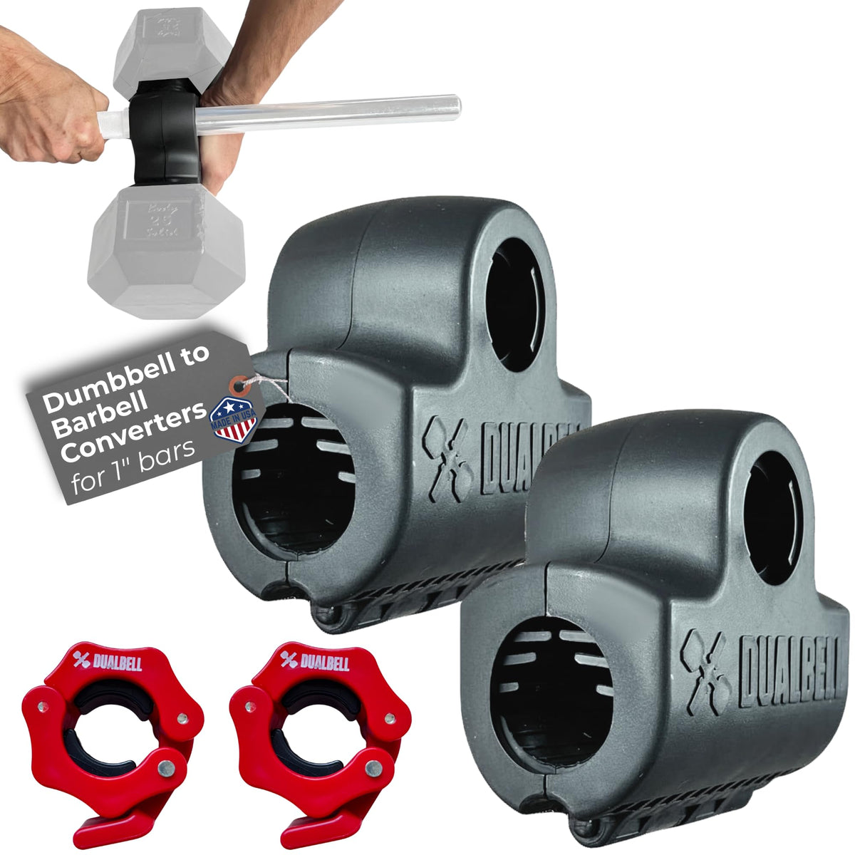 DUALBELL Dumbbell Converters- Pair Black and red weight collars for 1", 25mm bar- Connect Dumbbells to Barbells for 1" standard diameter bar, barbell adapters replace weight plates- 250lbs capacity