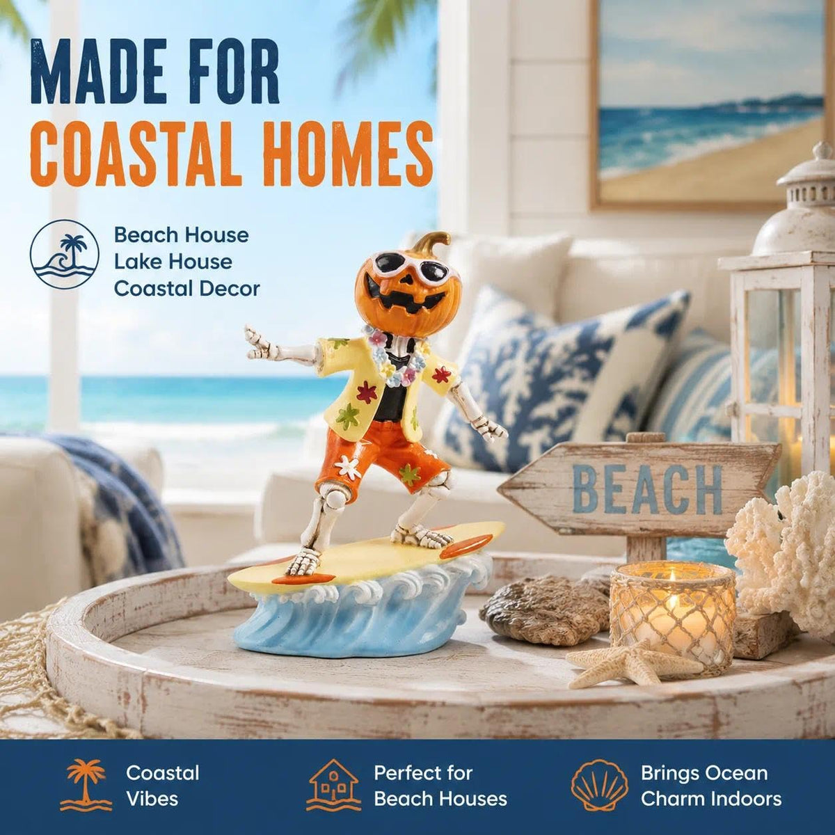 caiydramy Summerween Decorations for Home, 5.9" H Resin Surfing Pumpkin Skeleton Figurine, Spooky Summer Halloween Party Decorations, Tropical Hawaiian Beach Indoor Mantel Table Top Shelf Desk Decor