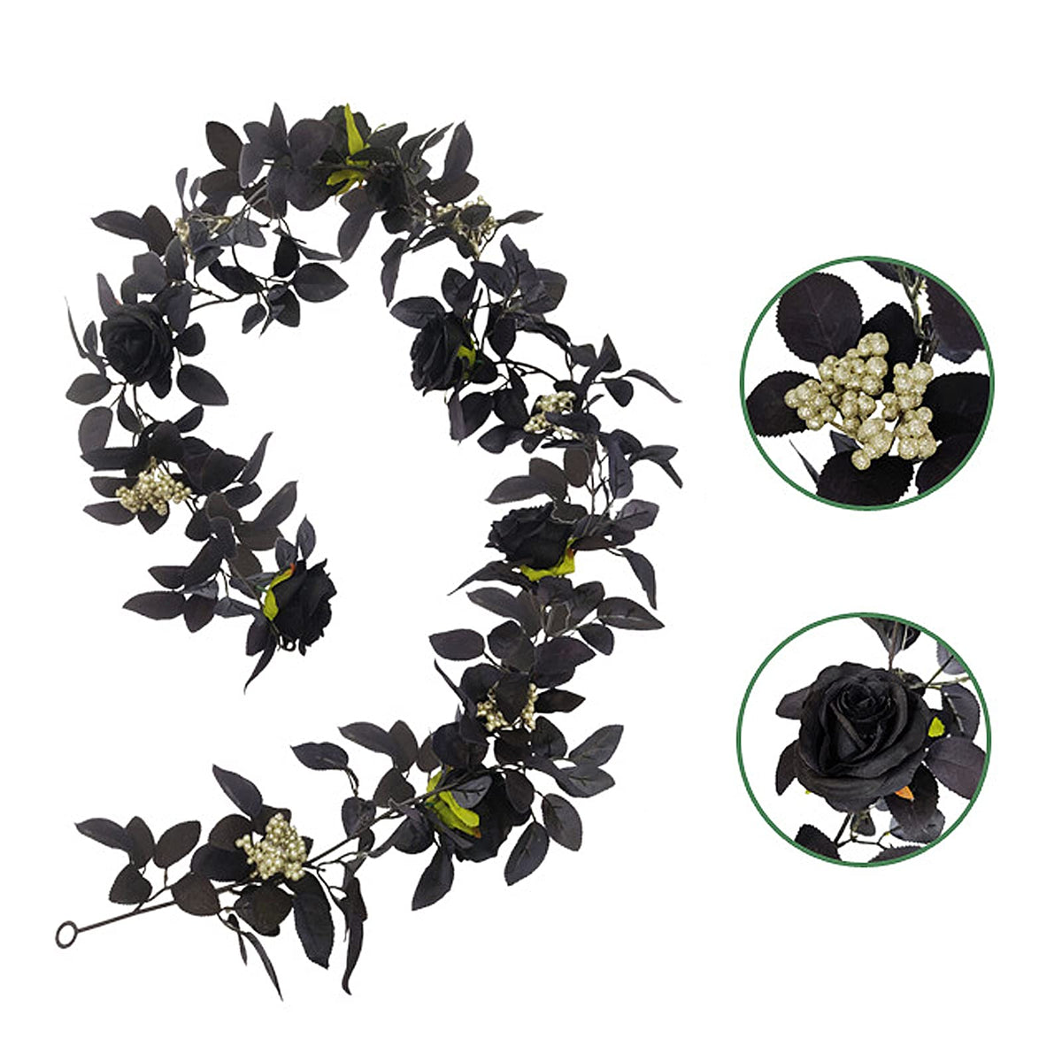 BFYDOAA 180cm Artificial Black Rose Vine Halloween Hanging Rose Flower Garland with Berries for Table Centerpiece,Fireplace Door Frame Backdrop Decor