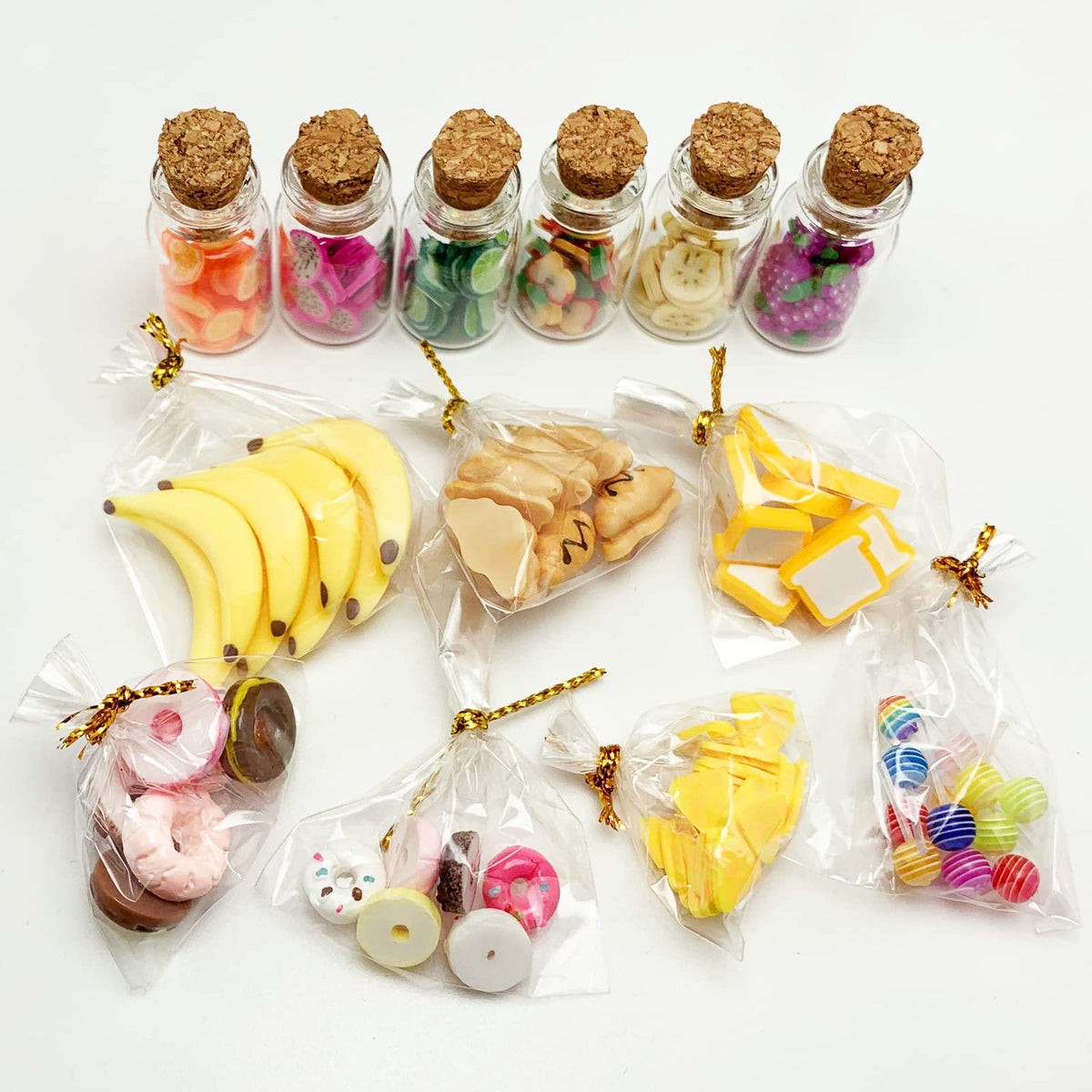 13 Packs Cute 1:12 Miniature Dollhouse Food Lollipop Toast Cheese Bread Donut Fruit Slice Jar Glass Bottle Mini Kitchen Scene Model Simulation DIY Decoration Accessories