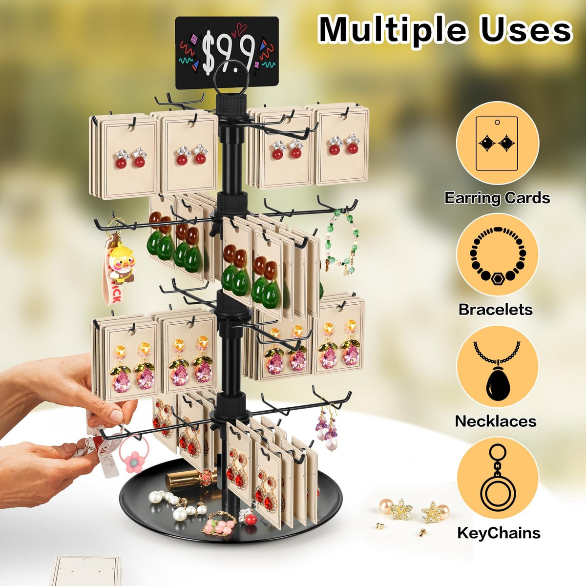 GEAMSAM Jewelry Display for Vendors with 80 Hooks, 4 Tier Rotating Display Stand Earring Holder Organizer Adjustable Height, Earring Rack Keychain Necklace Bracelet Display for Retail