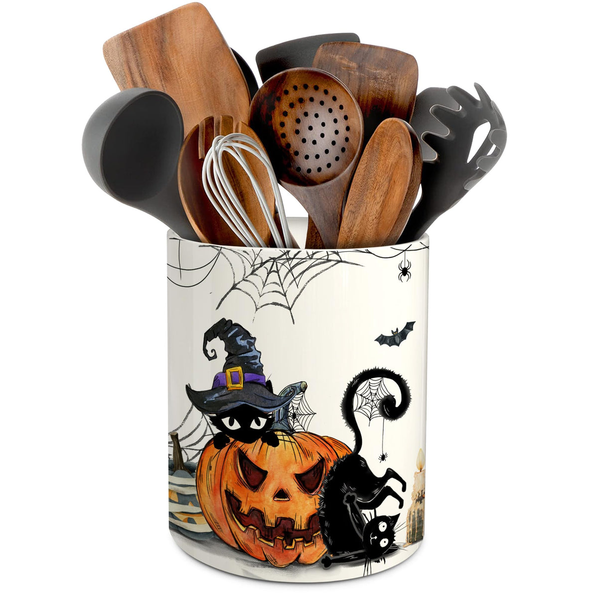 pinata Halloween Kitchen Decor Ceramic Utensil Holder, Cute Halloween Cat Pumpkin Utensils Holder, Ceramic Utensils Crock for Rustic Farmhouse Indoor Kitchen Decorations(6.3 Inches)