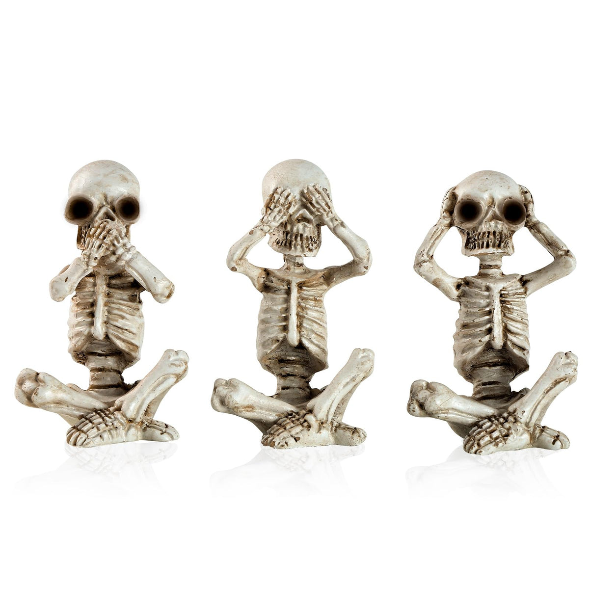 IBWell Set of 3 Mini Skeletons Statue “Hear See Speak No Evil” Sitting Skulls Figurines for Halloween Gothic Small Resin Skeletal Creepy Spooky Sculpture Home Decoration