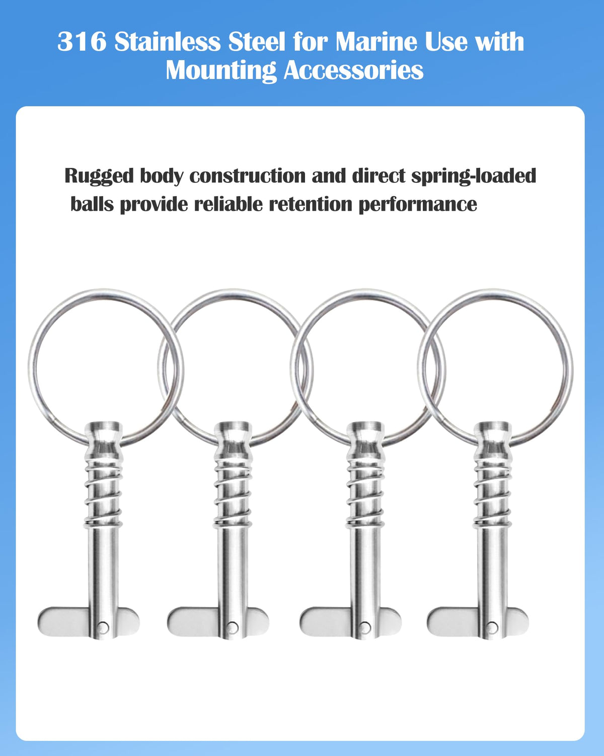 Nerites 1/4" Diameter Bimini Top Quick Release Pins 316 Stainless Steel Pin and Ring Easy to Fix and Remove Bimini Pins, Marine Hardware for Boats, Yachts, Speedboats, Motorboats, Ships (4 Pack)