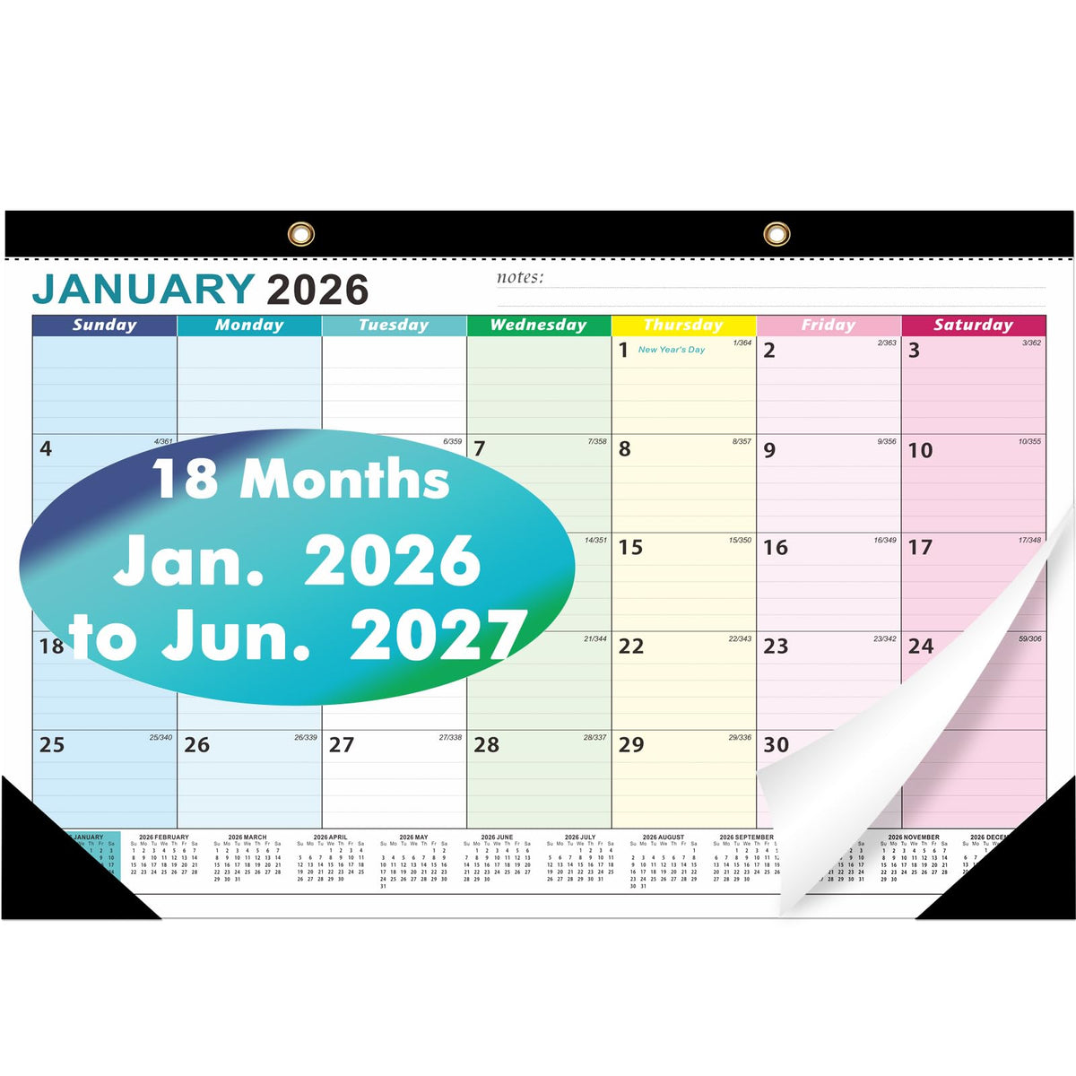ZTX Desk Calendar 2026-2027 Calendar Desk Calendars 2026-2027-18 Month Planner Big 17"x12" Jan.2026-Jun.2027 Clear Plastic Cover for Home Office School Colorful