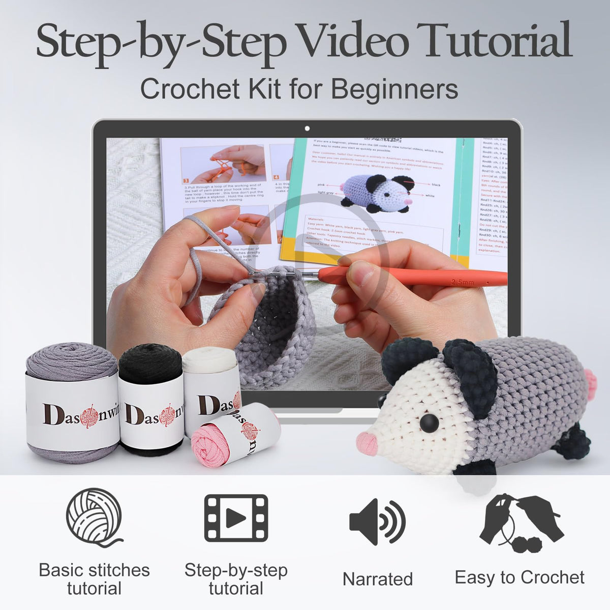 Dasonwin Crochet Kit for Beginners Adults & Kids, Learn to Crochet Step-by-Step with Video Tutorials, Easy Amigurumi Animal DIY Craft Kit, Complete Starter Set,Gift for Women & Teens