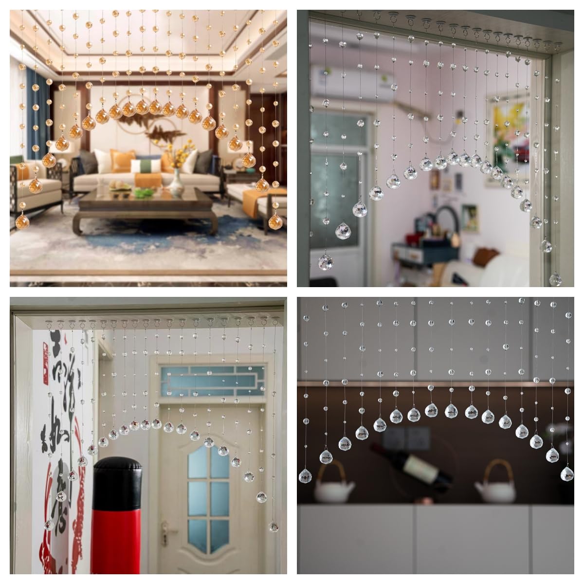 Hanbinsen 20 Strings Crystal Beaded Curtain, Arched Door String Curtain, Hanging Doorway Room Divider Suitable for Home, Coffee House, Bedroom, Restaurant. (Chamgagne)