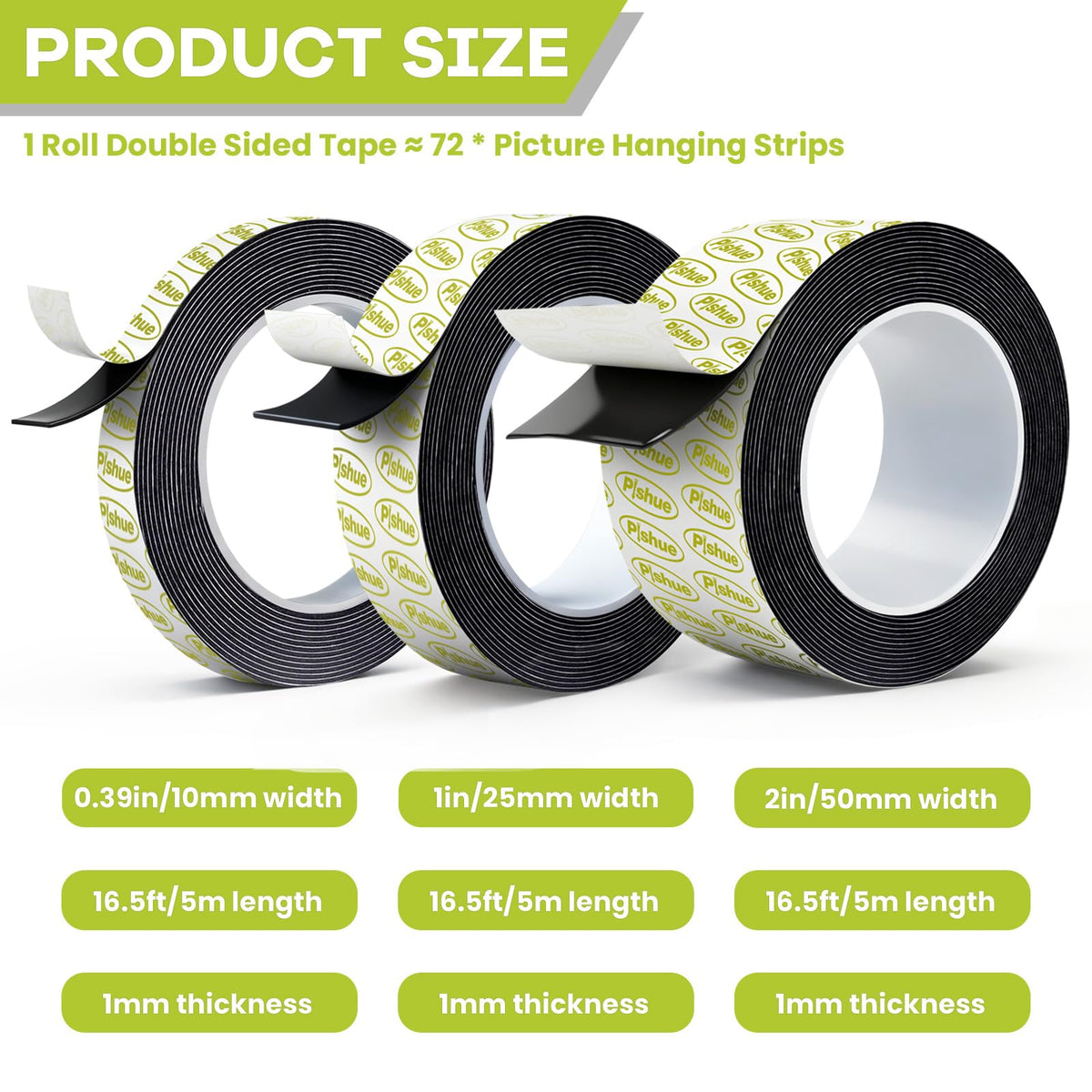 Double Sided Tape Heavy Duty, Damage Free Mounting Tape No Residue, Removable Foam Tape Strips, Picture Hanging Adhesive Strips Waterproof for Walls Home Office Decor Crafts Carpet Poster,0.39"×16.5Ft