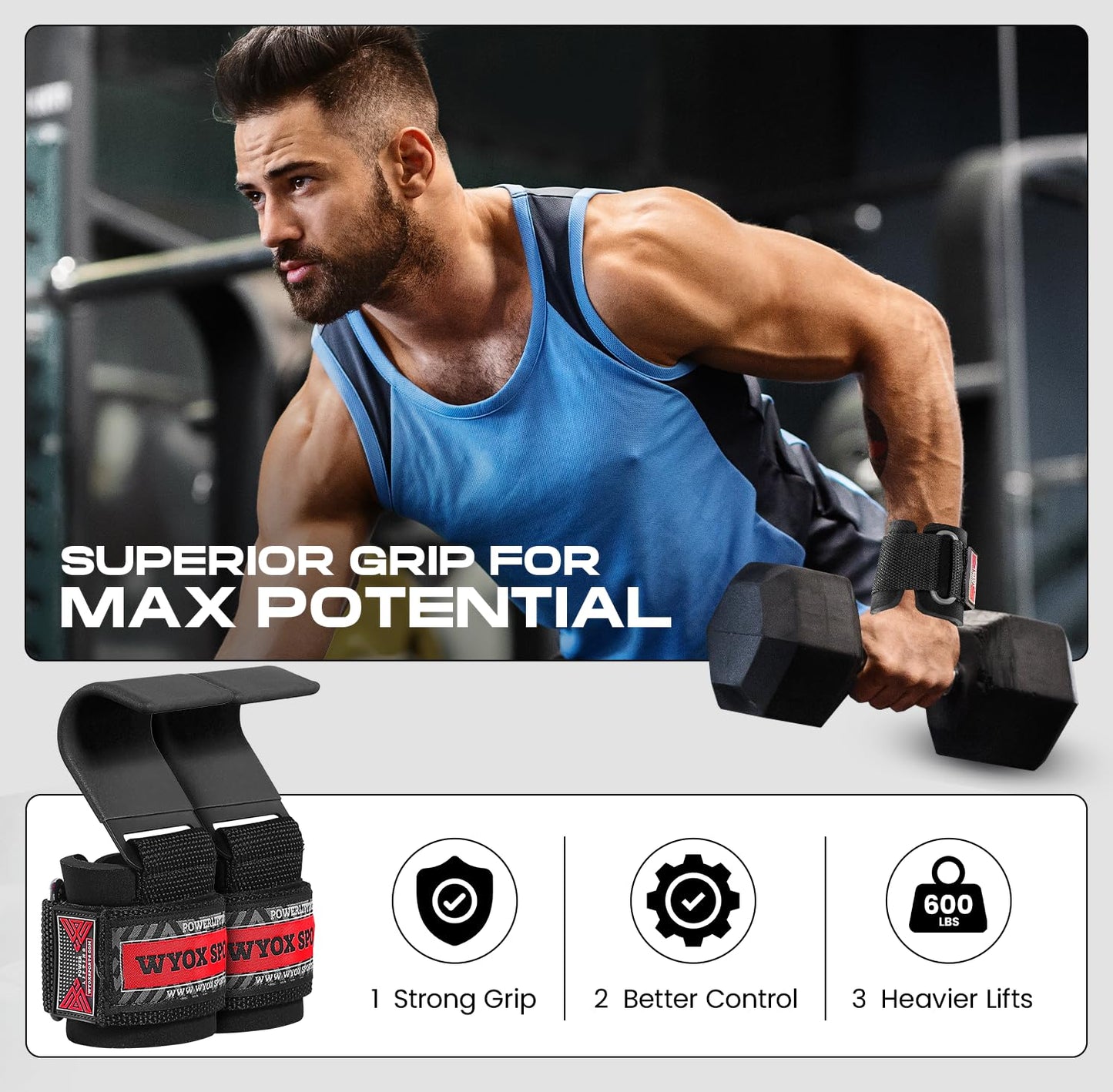 WYOX Weight Lifting Hooks for Deadlift, Pull Ups & Rows – Heavy Duty Wrist Support Grips to Lift Heavier, Reduce Grip Fatigue & Improve Performance – Padded Straps for Men & Women (Pair of 2)