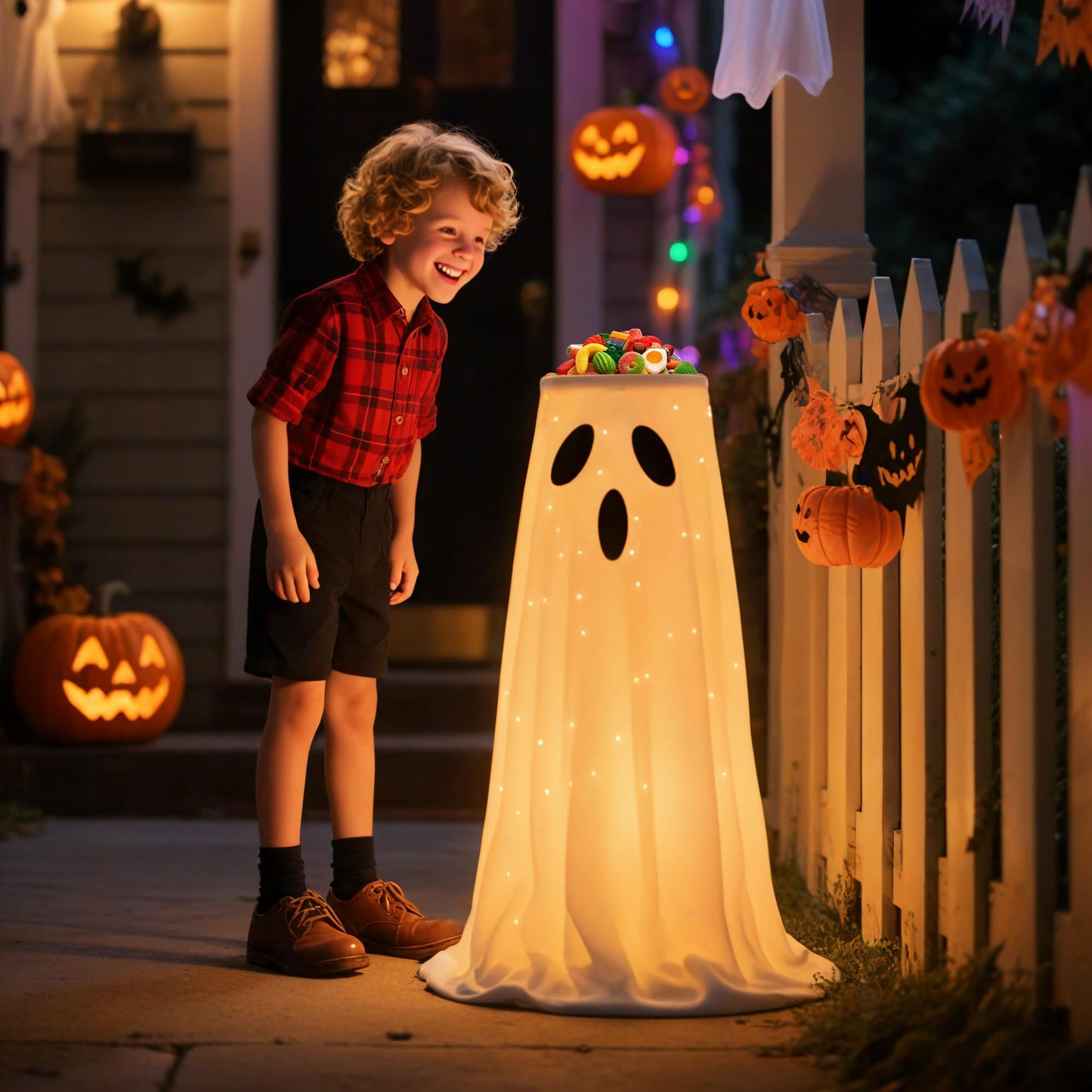 Halloween Decorations 32'' Light-Up Ghost Candy Bowl Stand Large Ghost Decor Cute Trick or Treat Candy Holder