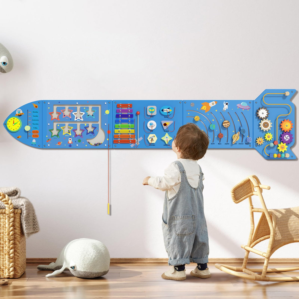 nigwet Rocket Activity Wall Busy Board Panels - Sensory Wall Panel for Kids, Montessori Toddler Wall Activity Board, Wall Toys for Toddlers 3, Activity Cube, Wooden Boards, Blue