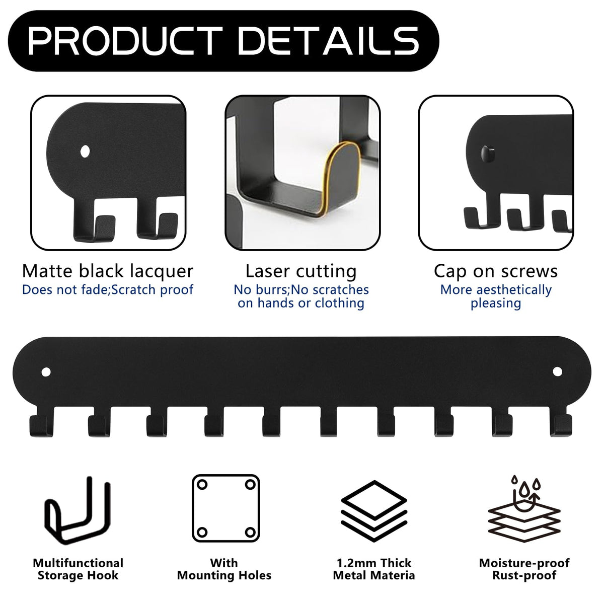 Suzurana 2 Pack Key Holder for Wall,Key Hooks with 10 Hooks,Key Holder Wall Mount Self Adhesive, Key Rack for Wall No Drill for Living Room, Kitchen, Bathroom, Garage (Black)