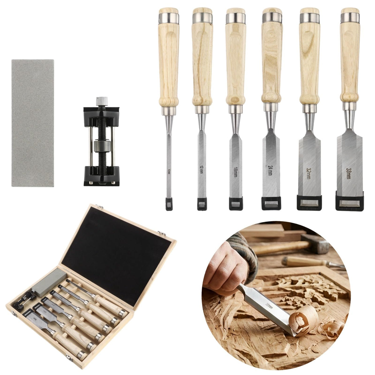 8 Pcs Wood Chisel Set for Woodworking, CR-V Steel Wood Carving Chisels Kit (1/4" to 1-1/2") with Sharpening Stone & Honing Guide, Professional Carpentry Hand Tools in Wooden Box