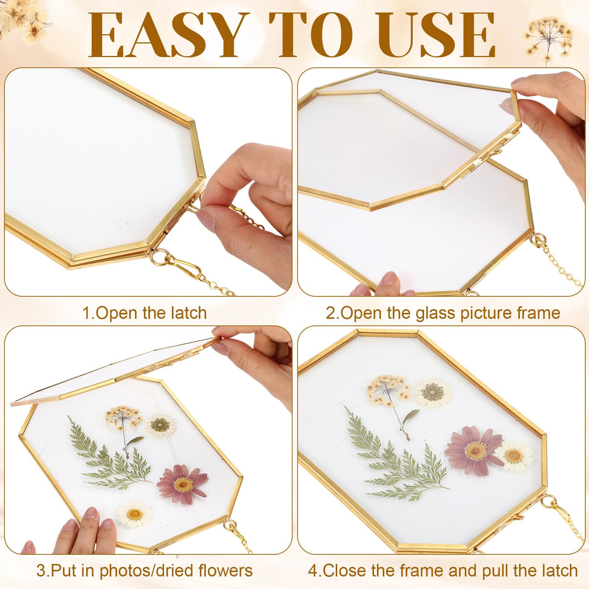 Vicenpal 5 Pcs 5 x 7 Inches Glass Pressed Flower Frame, Hanging Floating Picture Frame for Tabletop Artwork Dried Flower Display with Metal Chain for Mom Friends Wedding Gift DIY Craft(Coppery)