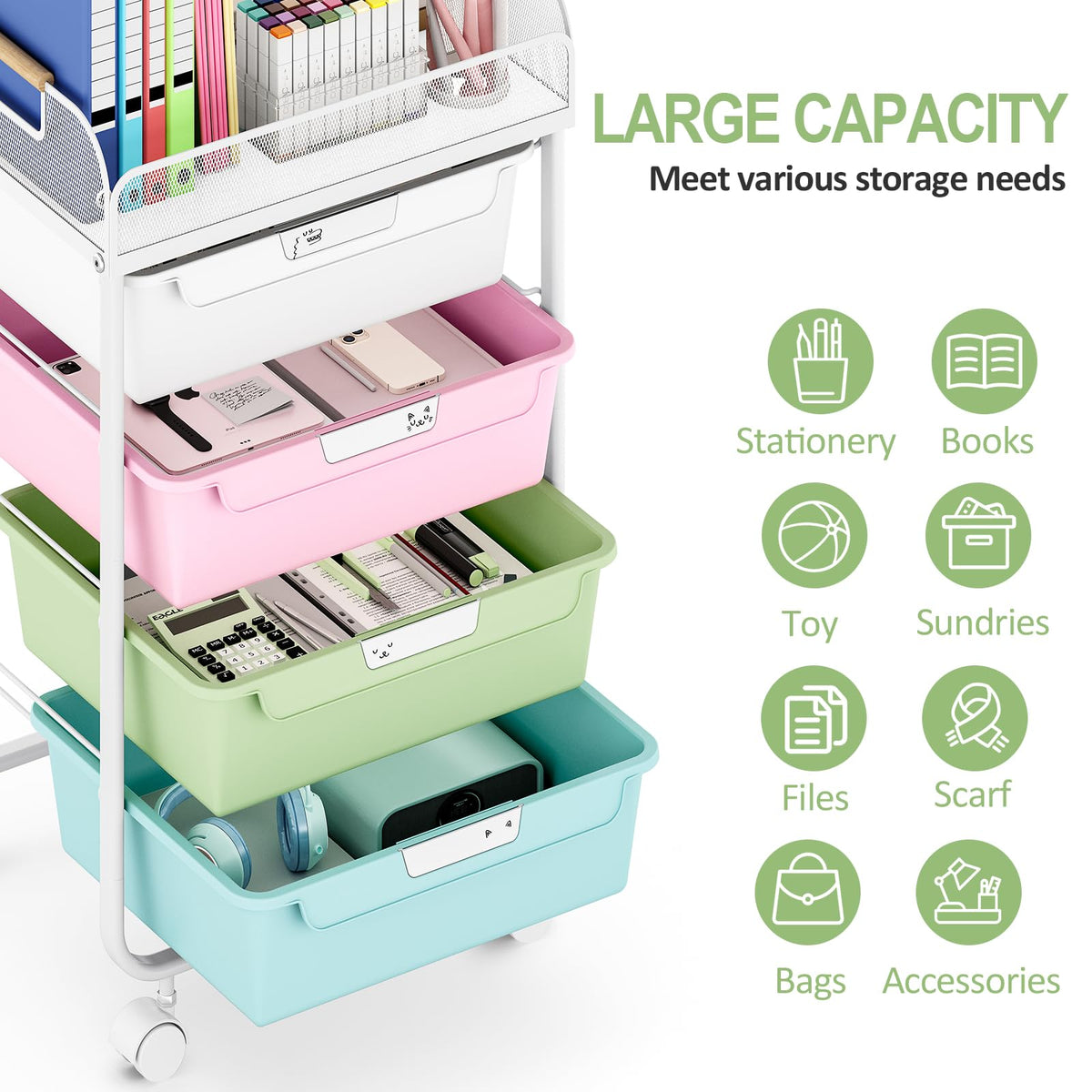 SYKIARIOL Rolling Cart with 4 Drawers,4 Tiers Rolling Utility Cart Craft Cart,Rolling Storage Drawer Cart with Mesh Top,Storage Cart with Drawers & 4 PCS DIY Lable, Classic Colorful