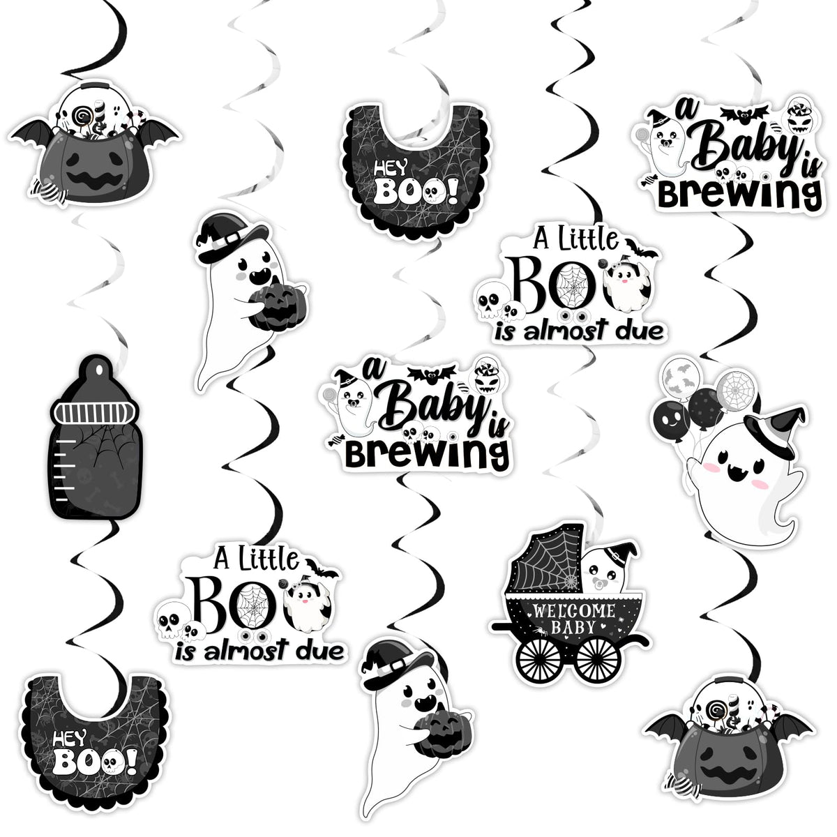 Kreatwow Halloween Baby Shower Decorations Black White 24pcs A Little Boo Is Almost Due Hanging Swirls A Baby Is Brewing Party Little Boo Party Decor Spooky Hanging Streamer for Pregnancy Celebration