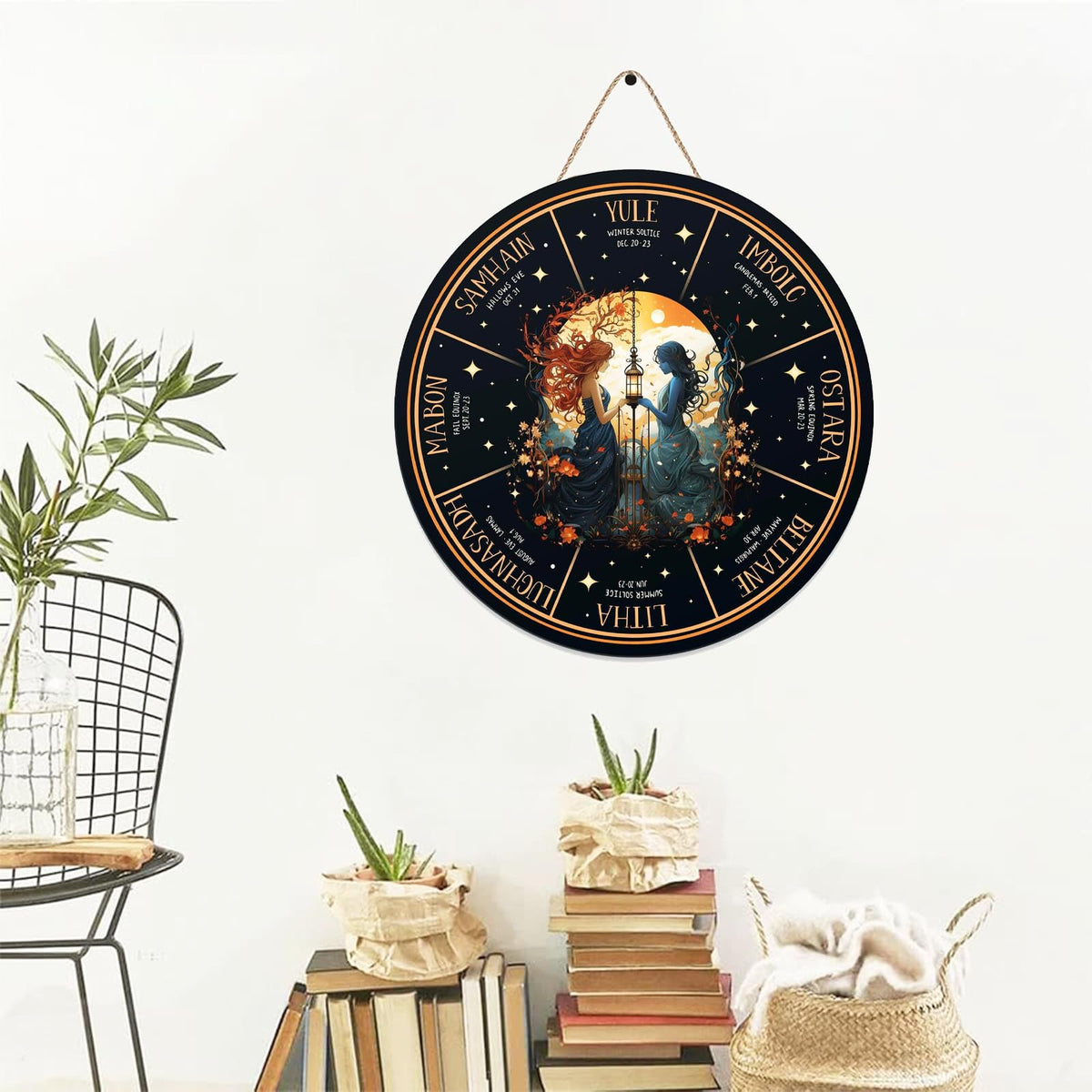 RIVEENY Wheel Of The Year Wall Hanging，12"Witchcraft Knowledge Sign Moon Decor Halloween Witch Decor Kitchen Witchery Sign Wizards Sign Celestial Decor Moon Phases Meanings Plaque (GJ036)