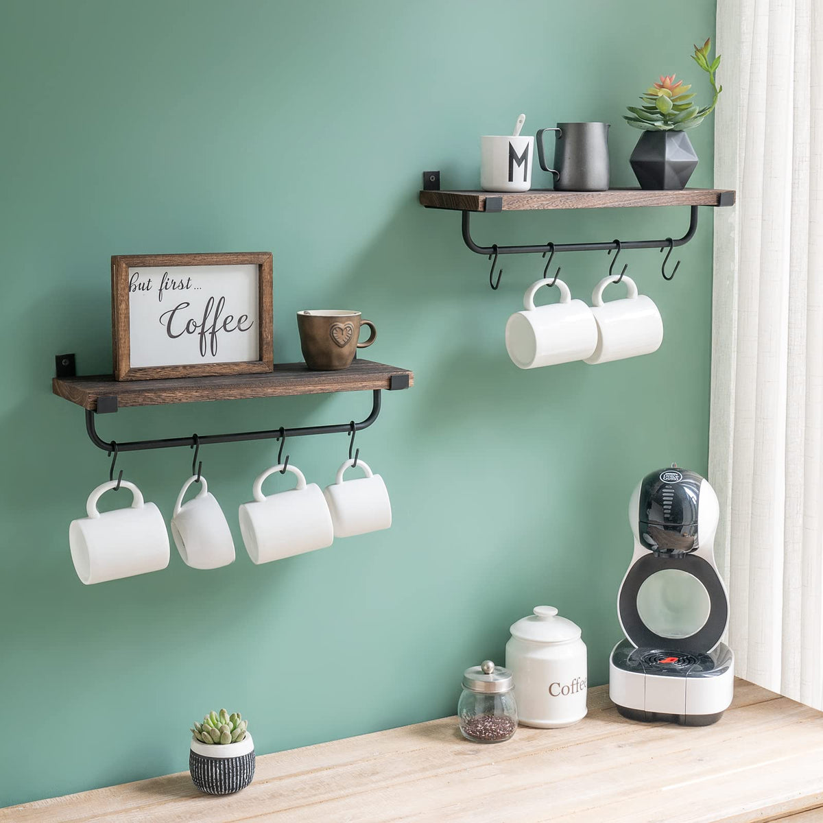 Mkono Mug Holder Wall Mounted Coffee Mug Rack Set of 2 Rustic Floating Shelf for Coffee Bar Accessories Wood Tea Cup Hooks Hanger for Organizing Cooking Utensils, Home Kitchen Decor, Brown