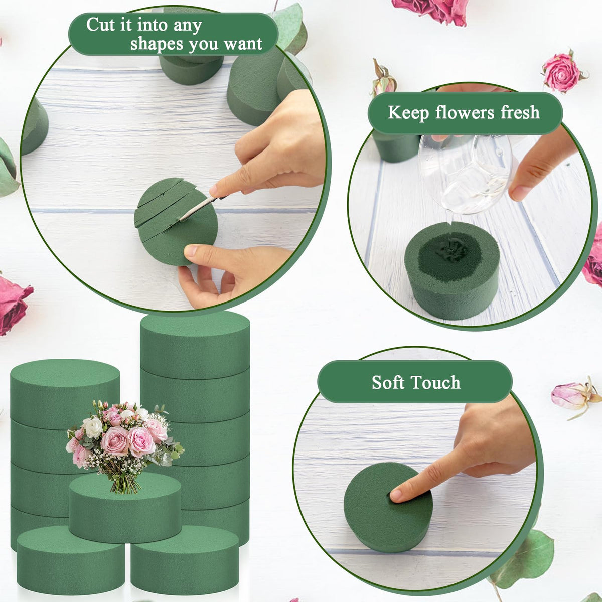 24 PCS Round Floral Foam Blocks,Green Wet Foam Block,Dry Floral Foam,Wet Florist Block Flower Arrangement Supplies for Wedding Aisle Flowers,Arty Decoration,Party