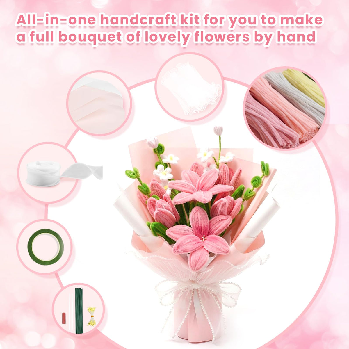 600 PCS Pipe Cleaners Craft, 6 Colors Pipe Cleaner Bulk Flower Kit, Chenille Stems Bulk with Floral Wires, Gardening Tape, Stamen, Wrapping Paper & Ribbon, DIY Art and Craft Supplies - Pink Gradient