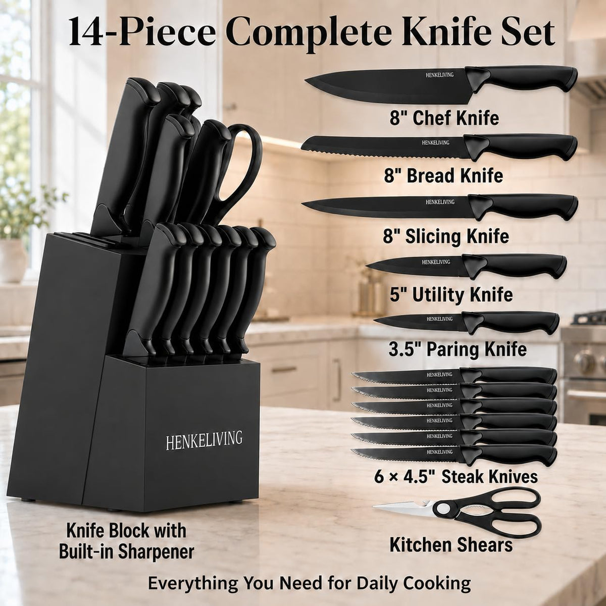 HENKELIVING Knife Set, 14-Piece Black Dishwasher Safe Kitchen Knife Block Set with Built-In Sharpener, German High Carbon Stainless Steel Blades, Ultra Sharp Knives with Ergonomic Non-Slip Handles