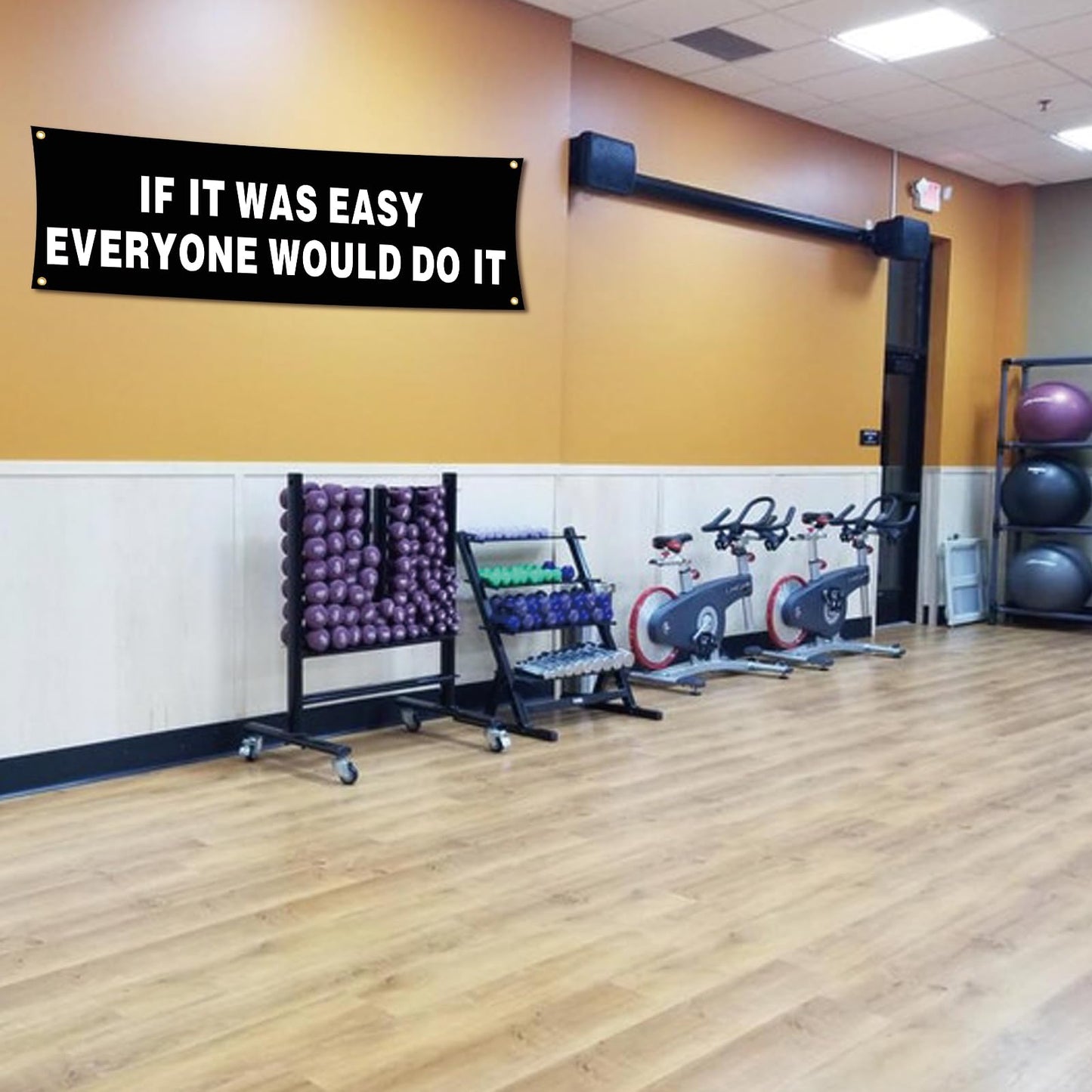 Motivational Gym Flag Banner - If It Was Easy Everyone Would Do It - 72x24 Inches Home & Garage Gym Wall Decor with 4 Brass Grommets for Easy Hanging